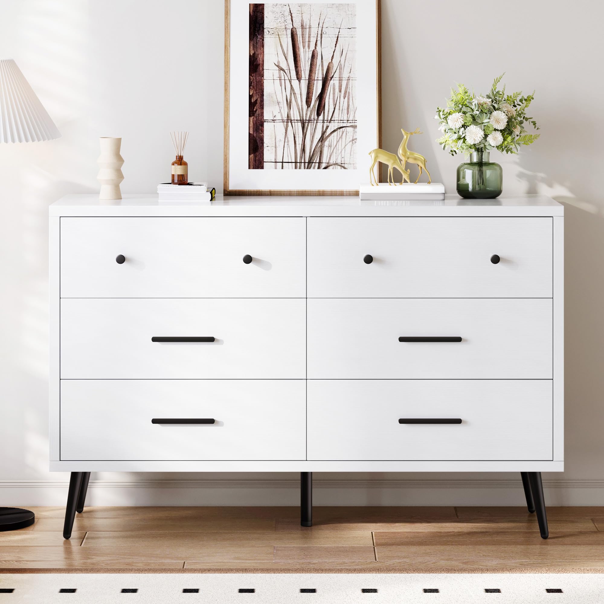 White 6-Drawer Dresser with Black Metal Handles