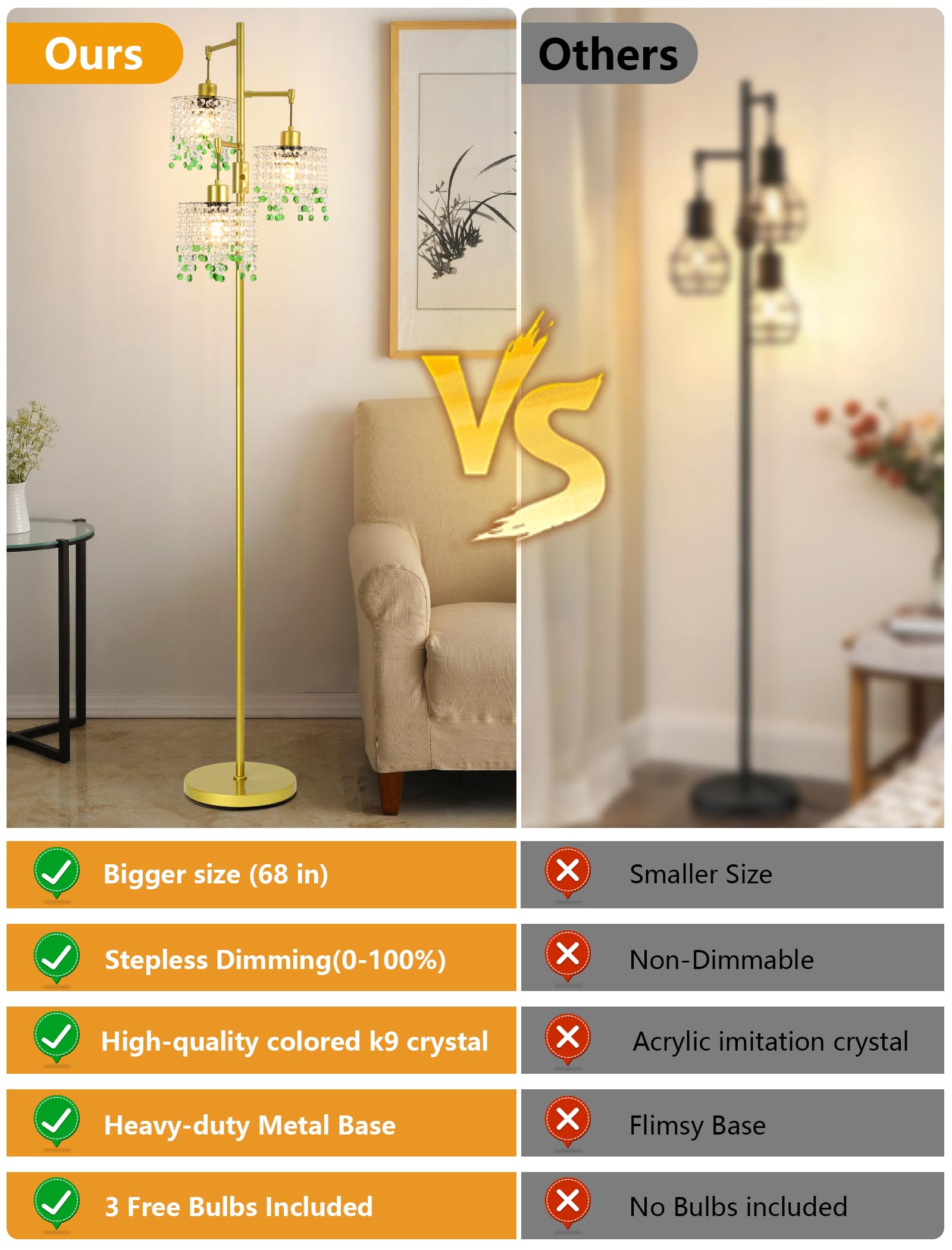 Crystal Floor Lamp with 3 Lights
