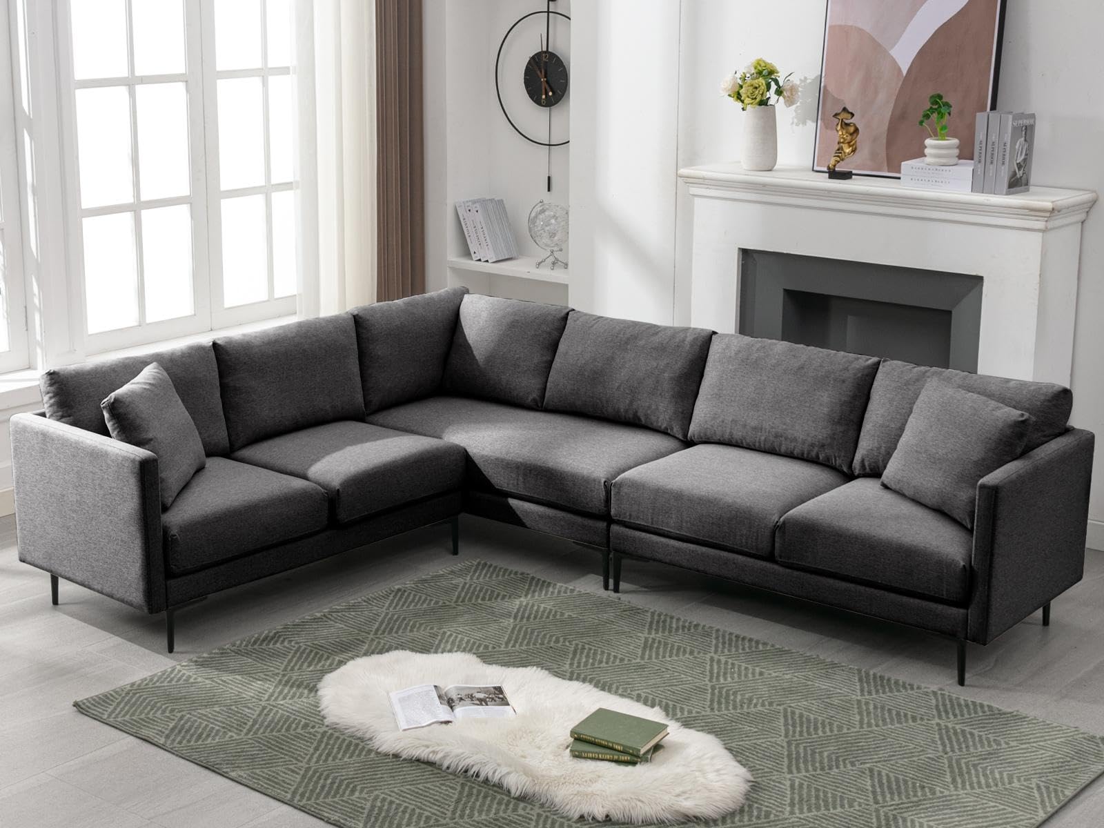 107" Sectional L-Shaped Sofa with Pillows - Dark Grey