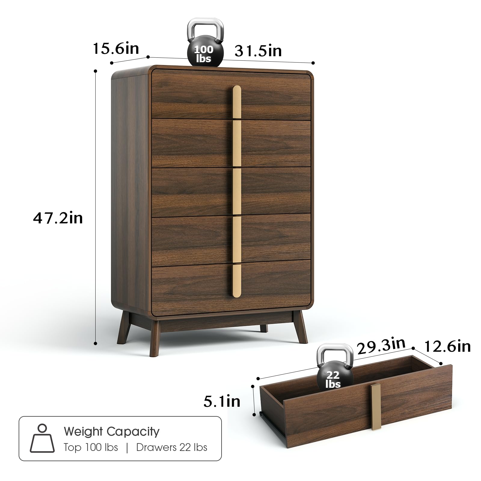 5-Drawer Mid-Century Modern Dresser with Metal Handles
