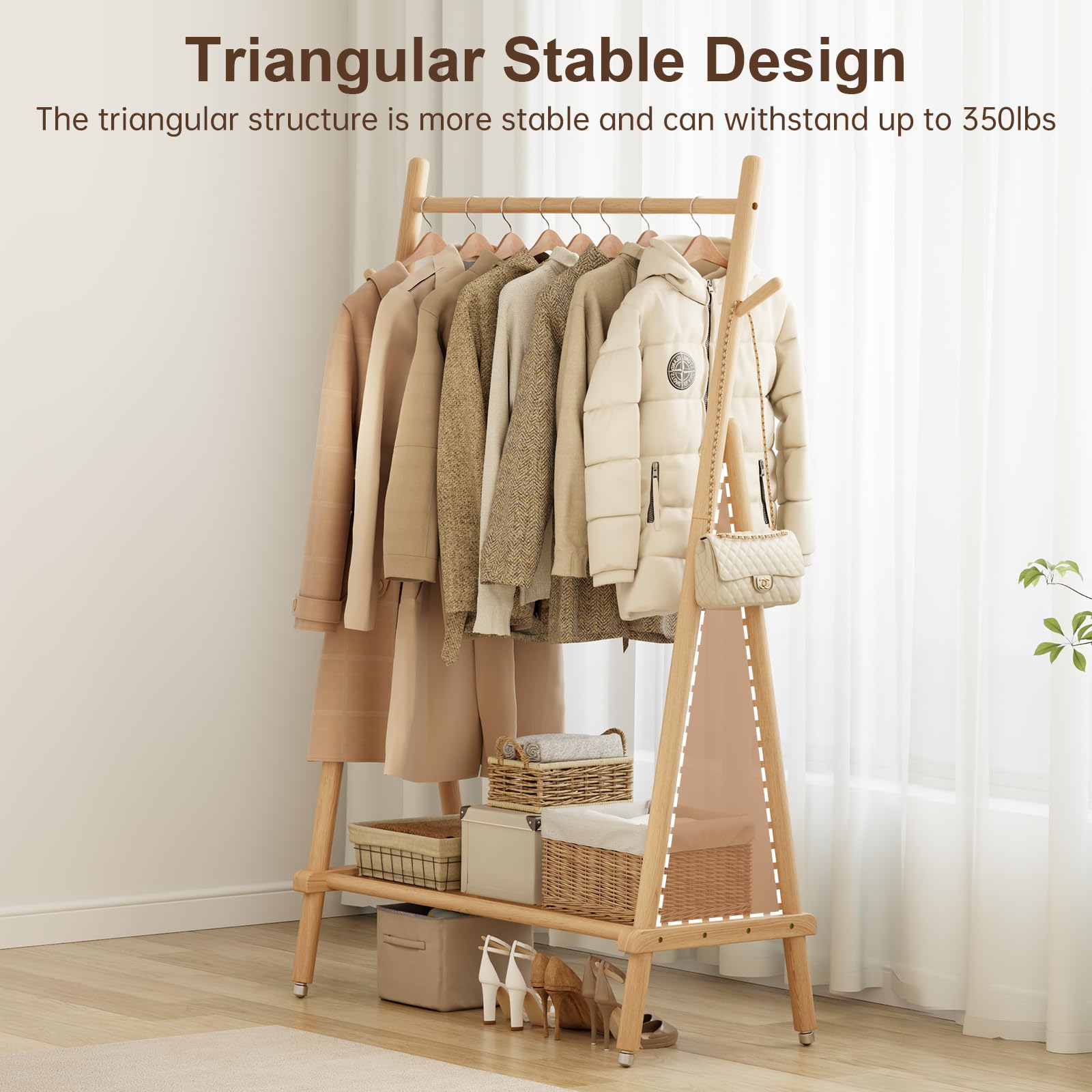 Solid Wood Rolling Clothing Rack with Shelves