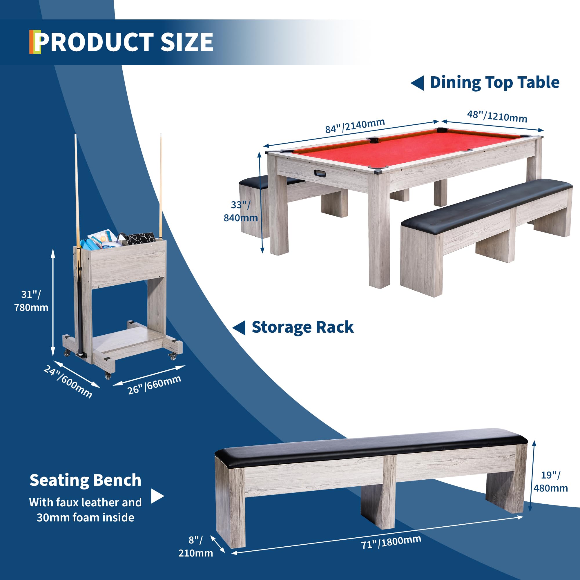 7FT 3-in-1 Pool Table with Dining Top & Table Tennis
