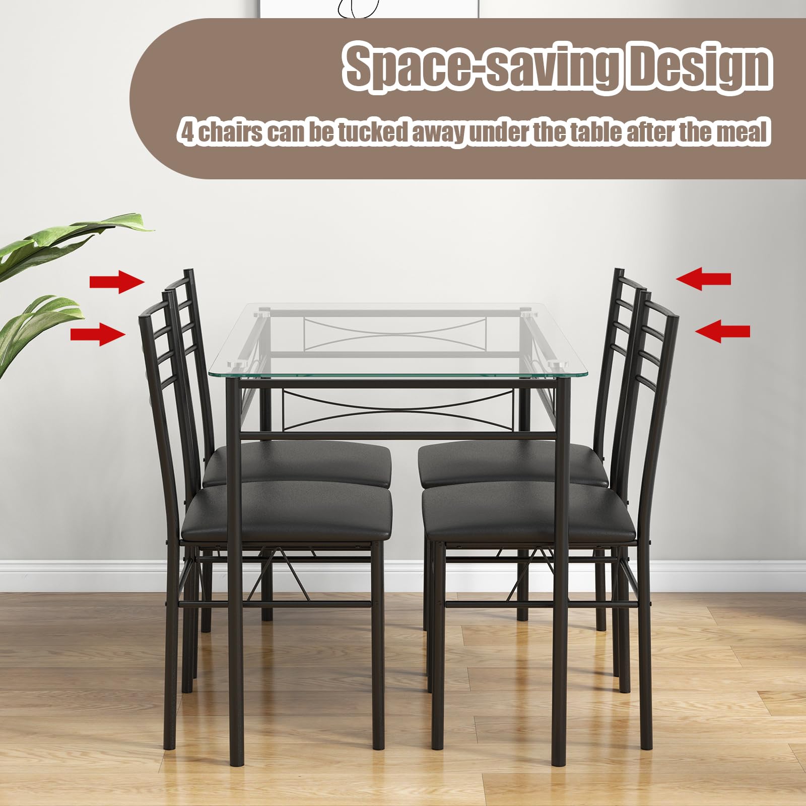 5 Piece Dining Table Set with Tempered Glass Top