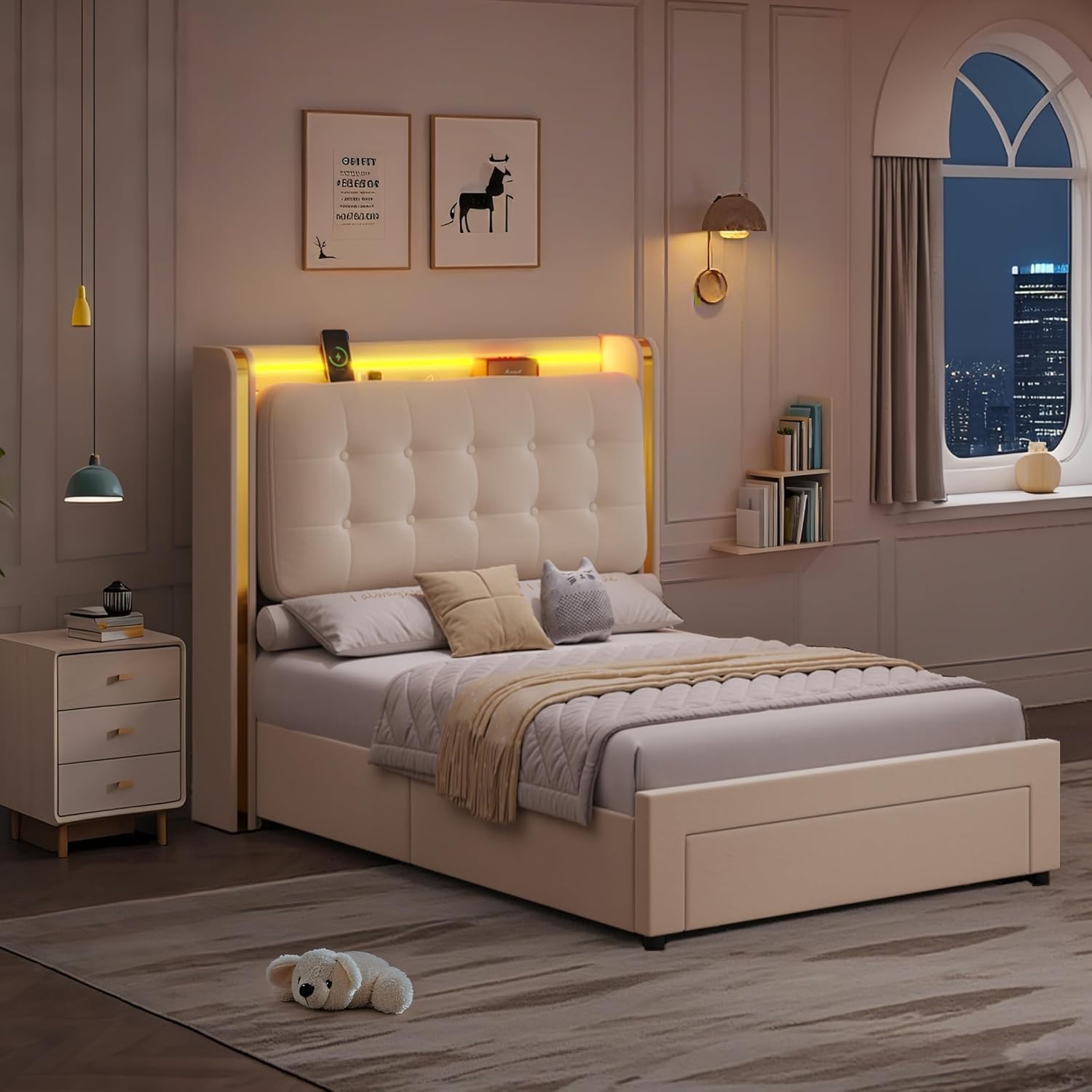 Upholstered LED Twin Bed Frame with Storage and Charging Station