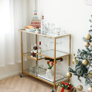 Gold Mirror Rolling Bar Cart with Wine Holders