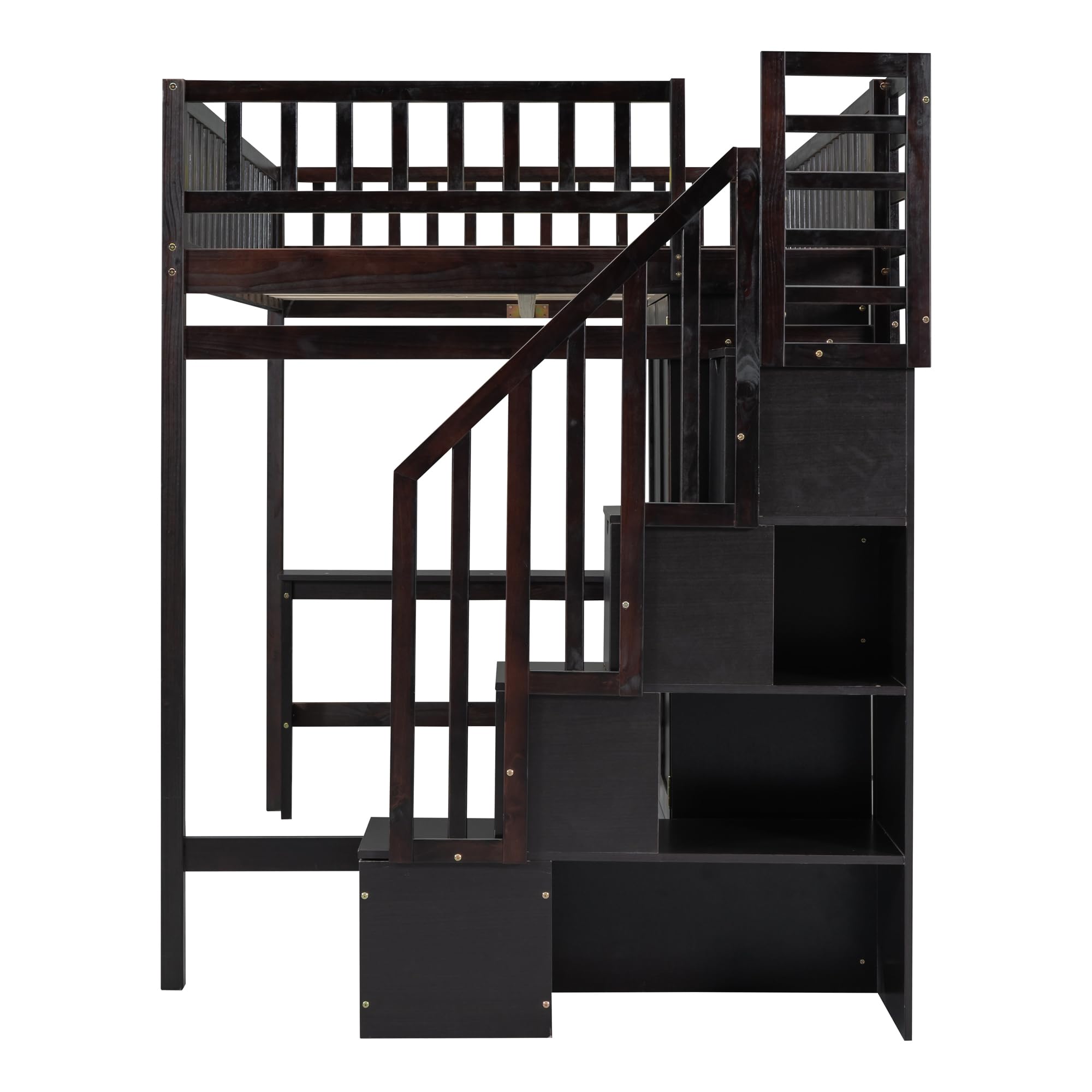 Full Size Loft Bed with Stairway, Wardrobe, Desk and Drawers