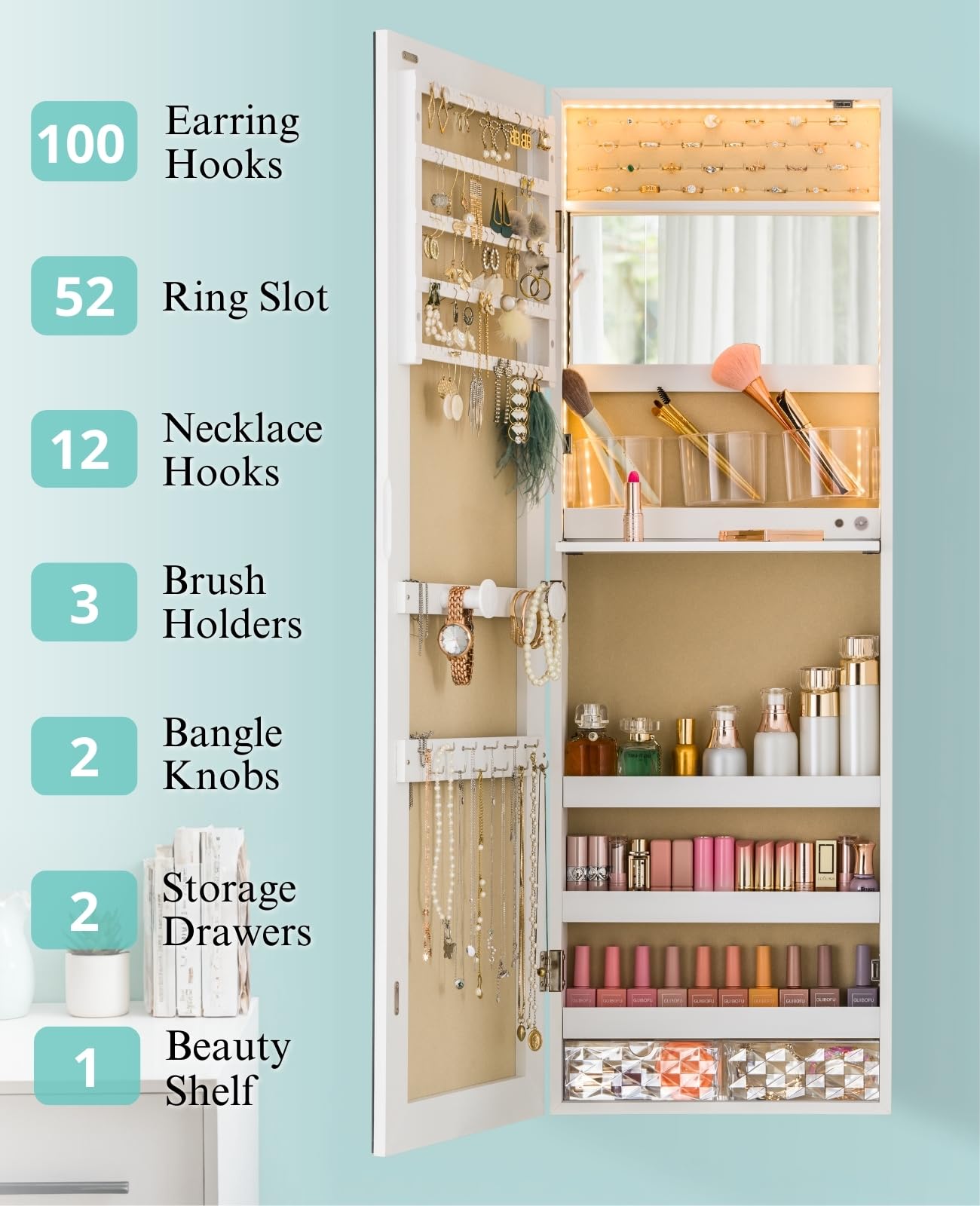 Wall Mounted Mirror Jewelry Cabinet with LED Lights
