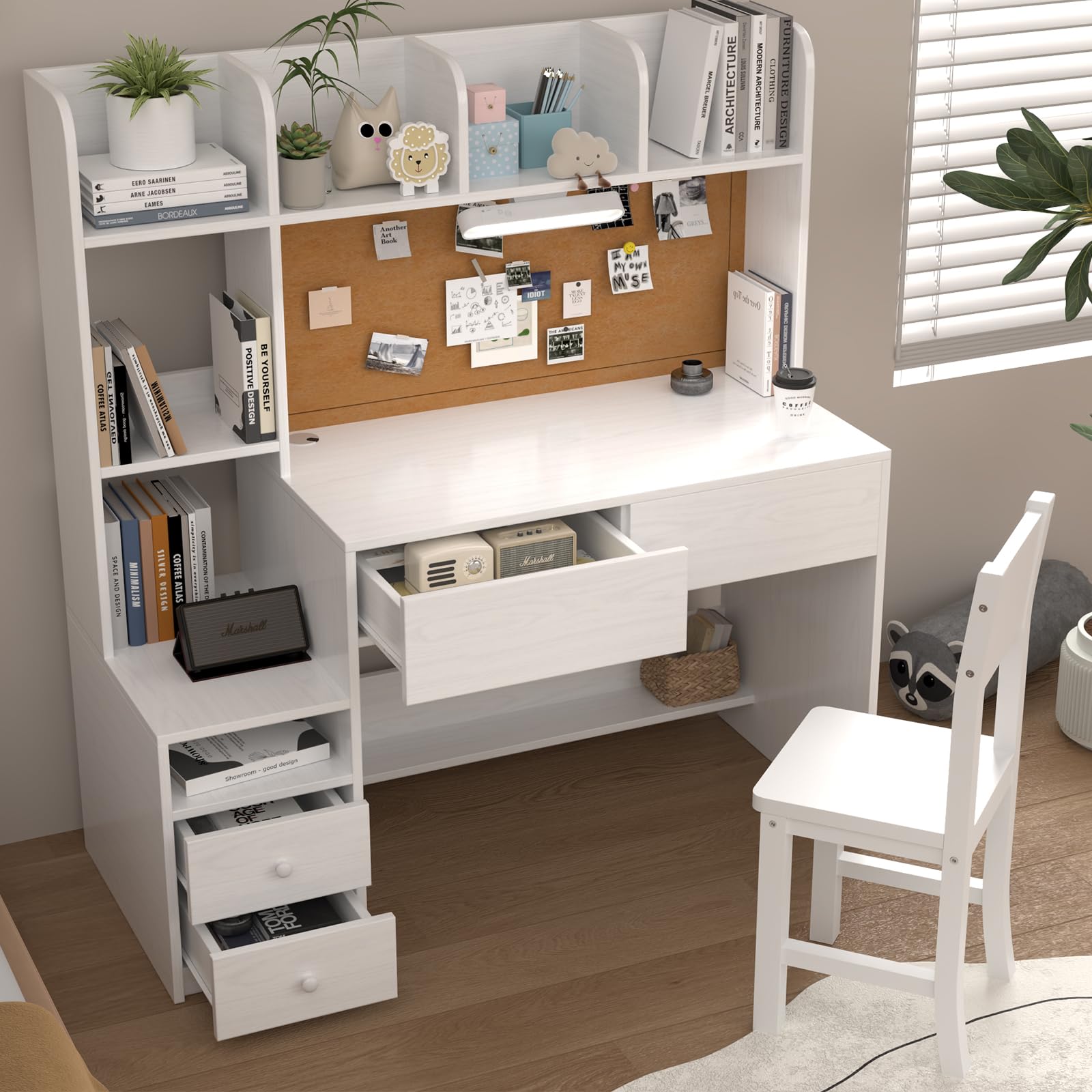 Kids Study Desk and Chair Set with Storage Hutch and LED Light