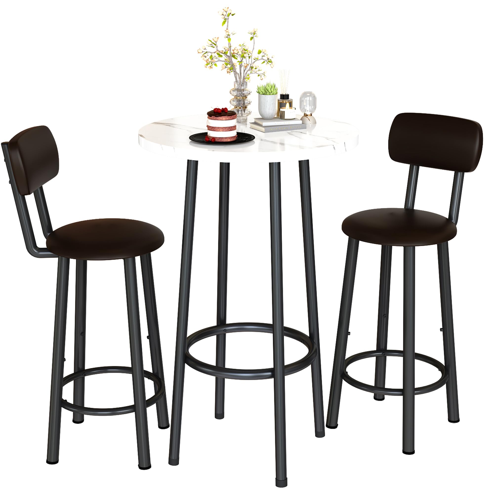 24" Round Dining Table Set for 2 with PU Leather Chairs