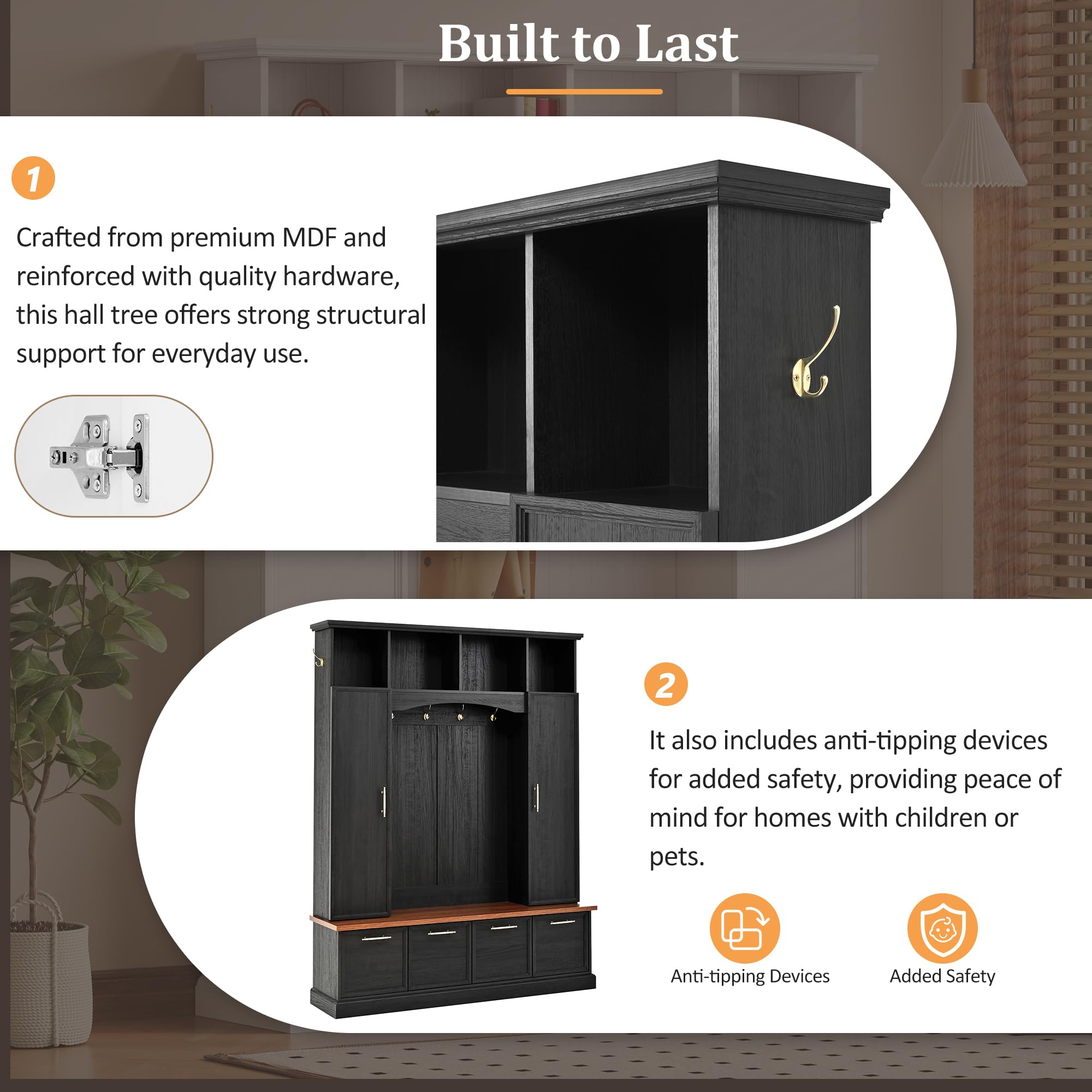 59" Farmhouse Hall Tree with Bench and Shoe Storage