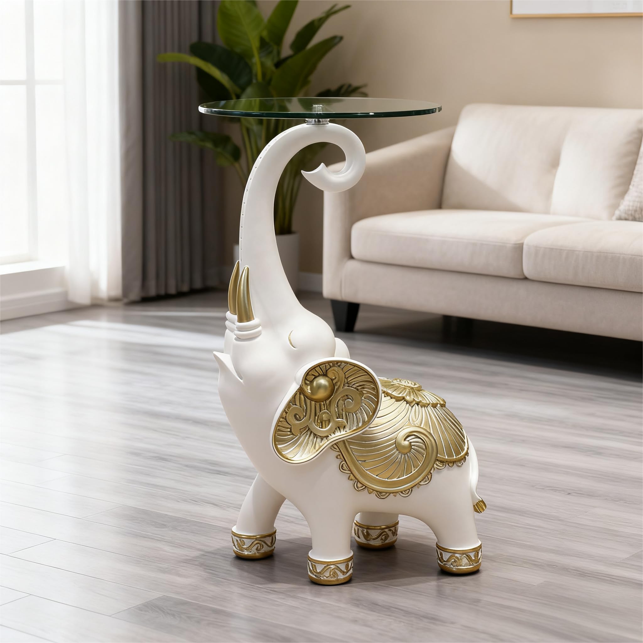 White Elephant Statue Side Table with Clear Glass Top