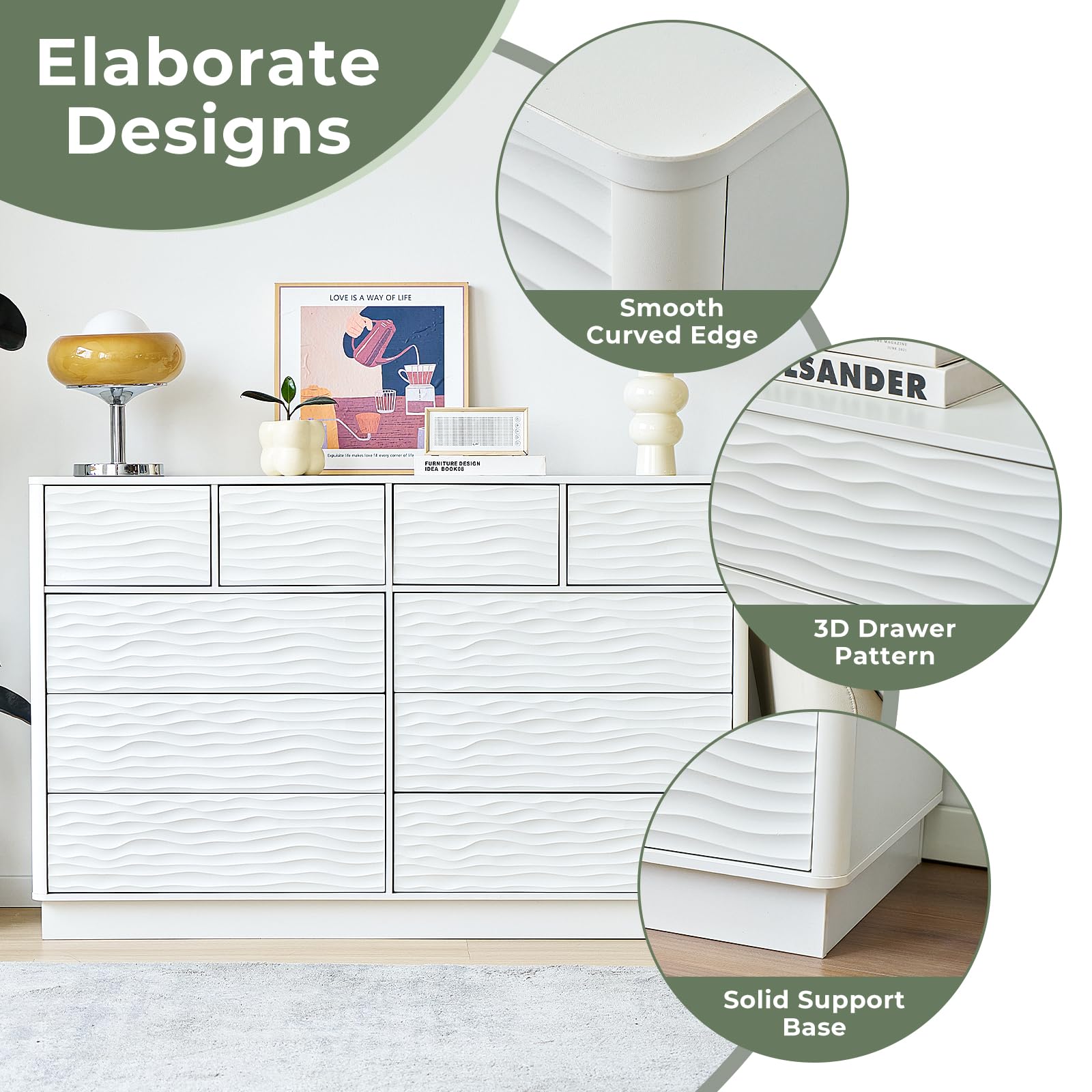 55 Inch Fluted Dresser with 10 Drawers