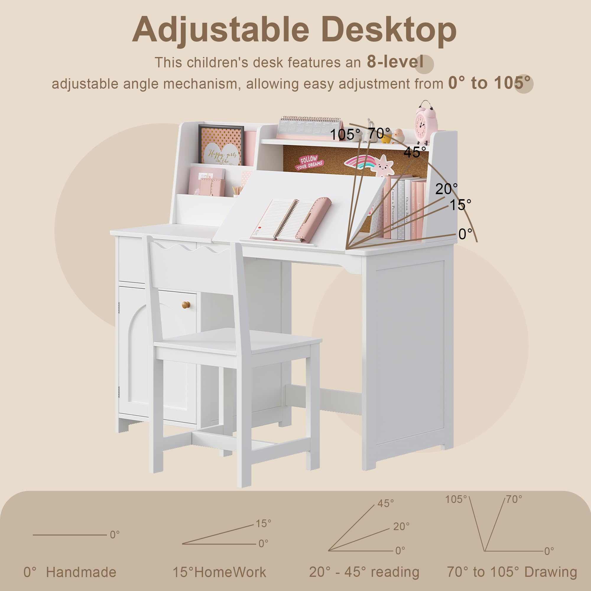 Kids Study Desk and Chair Set with Tiltable Desktop