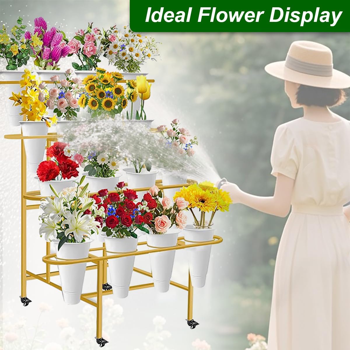 4-Tier Metal Flower Display Stand with 16 Buckets