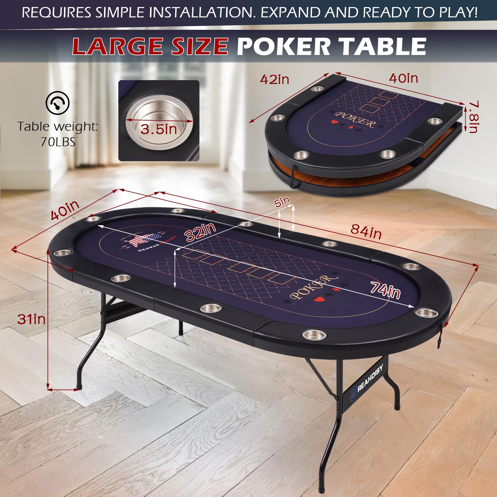 REAHOISY 10 Player Poker Table Foldable, Folding Texas Holdem Casino Table with Padded Rails & Cup Holders, Portable Poker Game Table for Home or Game Room, 84 Inch