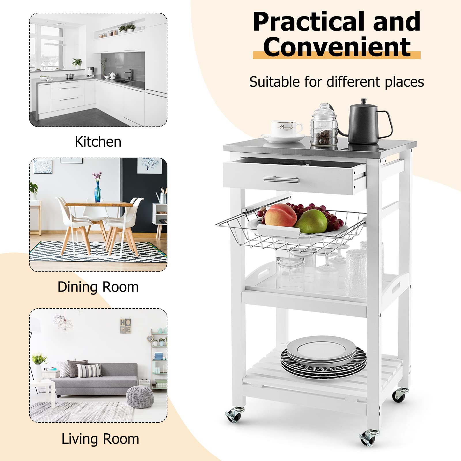 Kitchen Rolling Cart with Stainless Steel Top