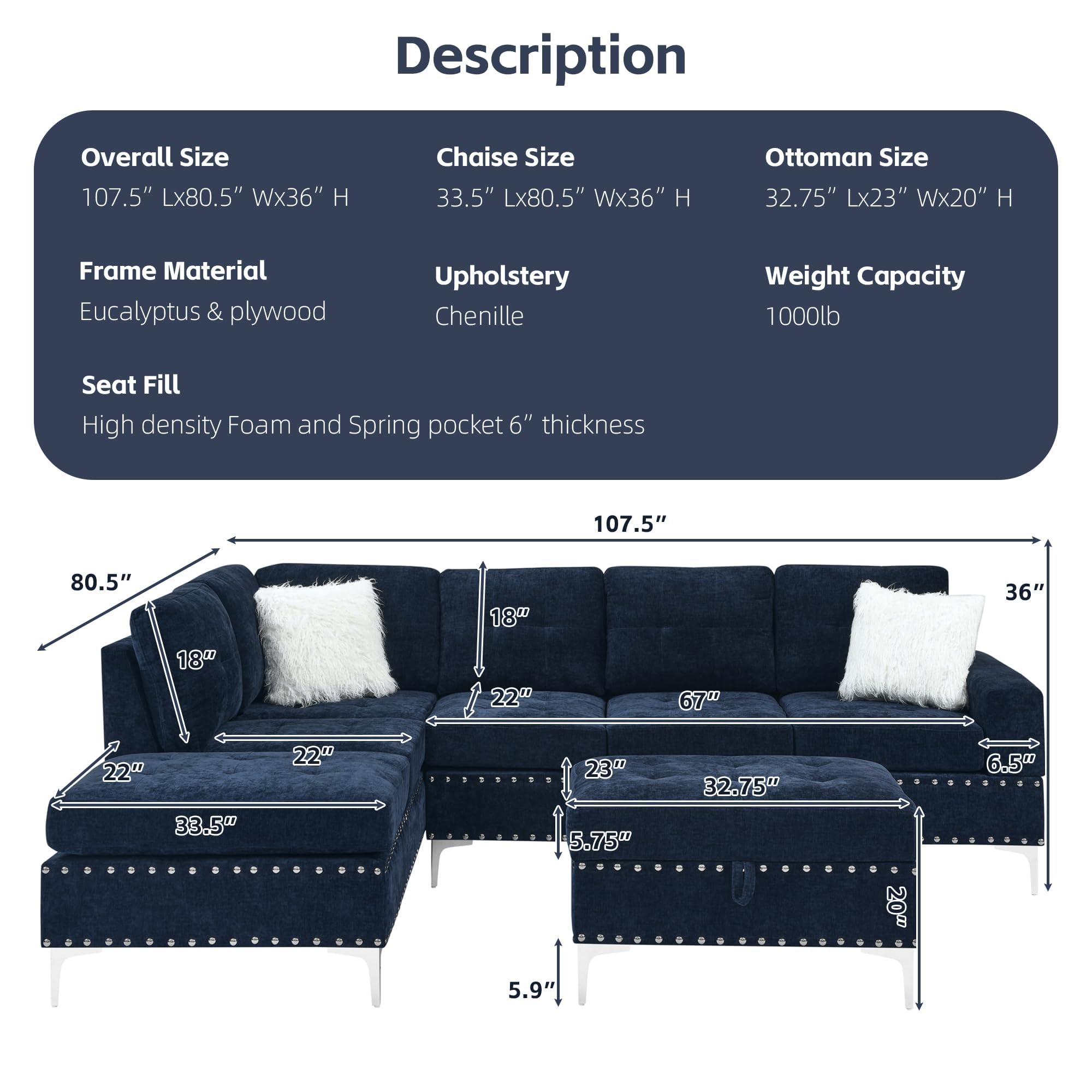 L-Shape Sectional Sofa with Reversible Chaise and Storage Ottoman