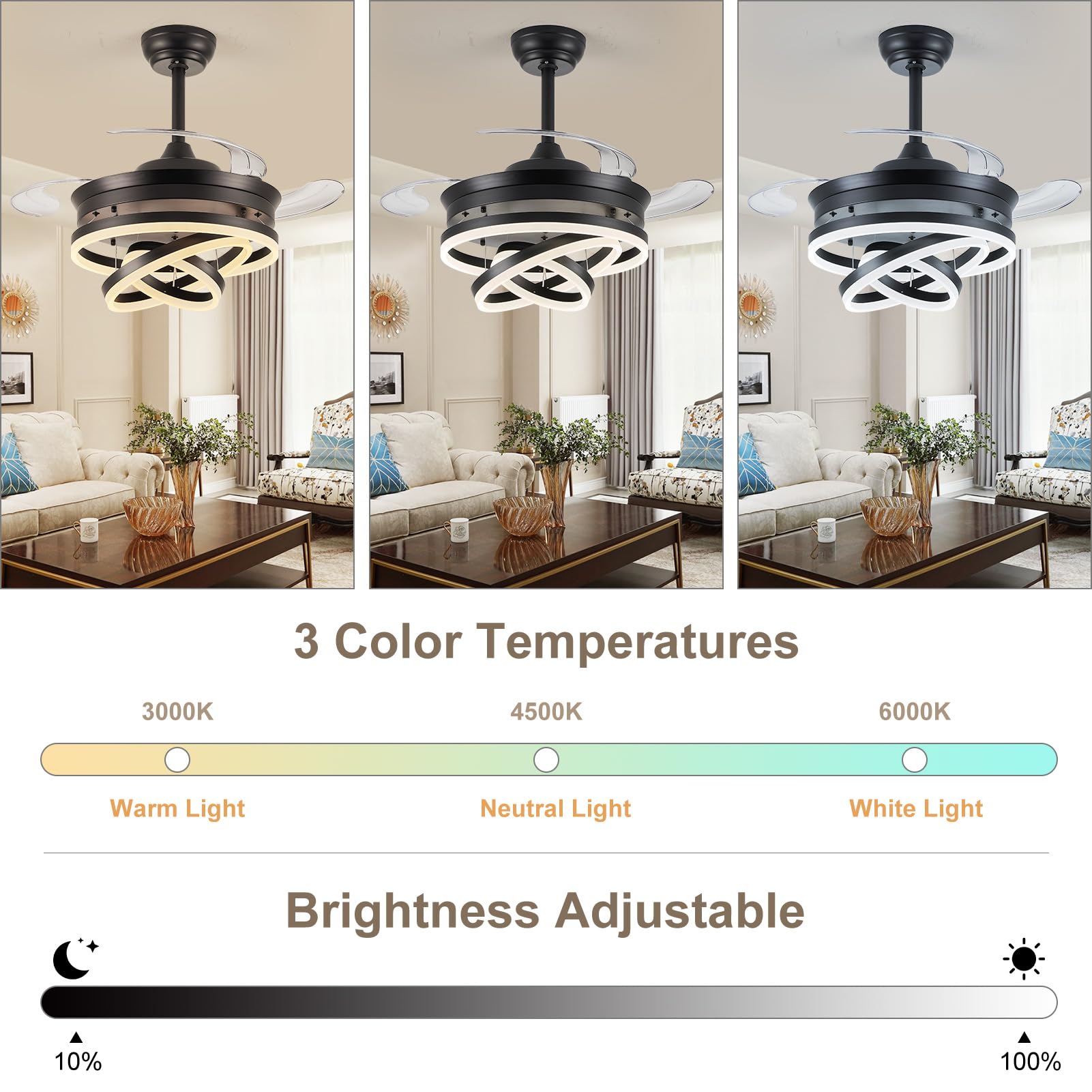 42" Retractable Ceiling Fan with LED Light and Remote Control
