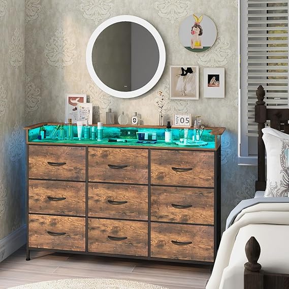 9-Drawer Dresser with LED Lights and Charging Station