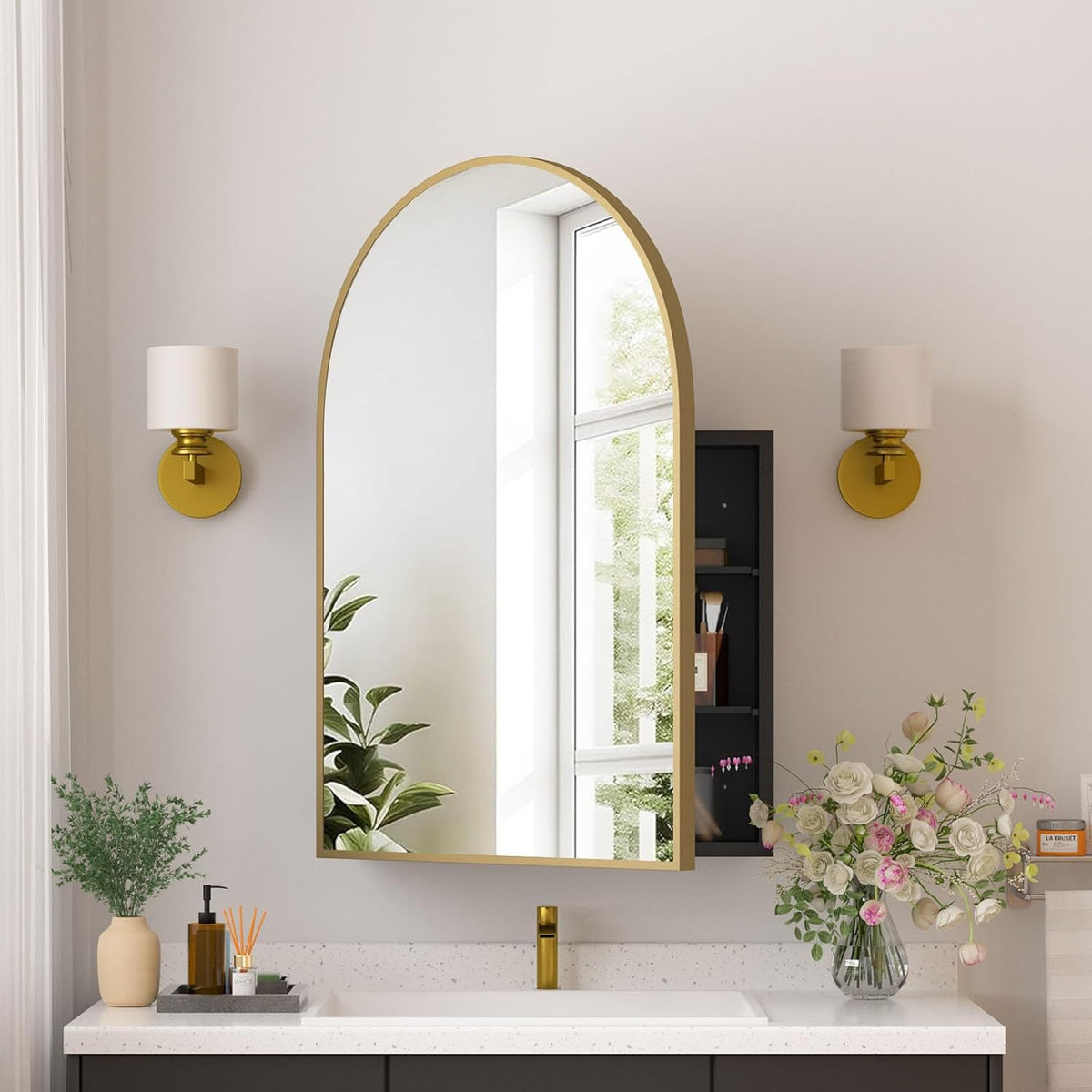 Black Arched Medicine Cabinet with Adjustable Shelves