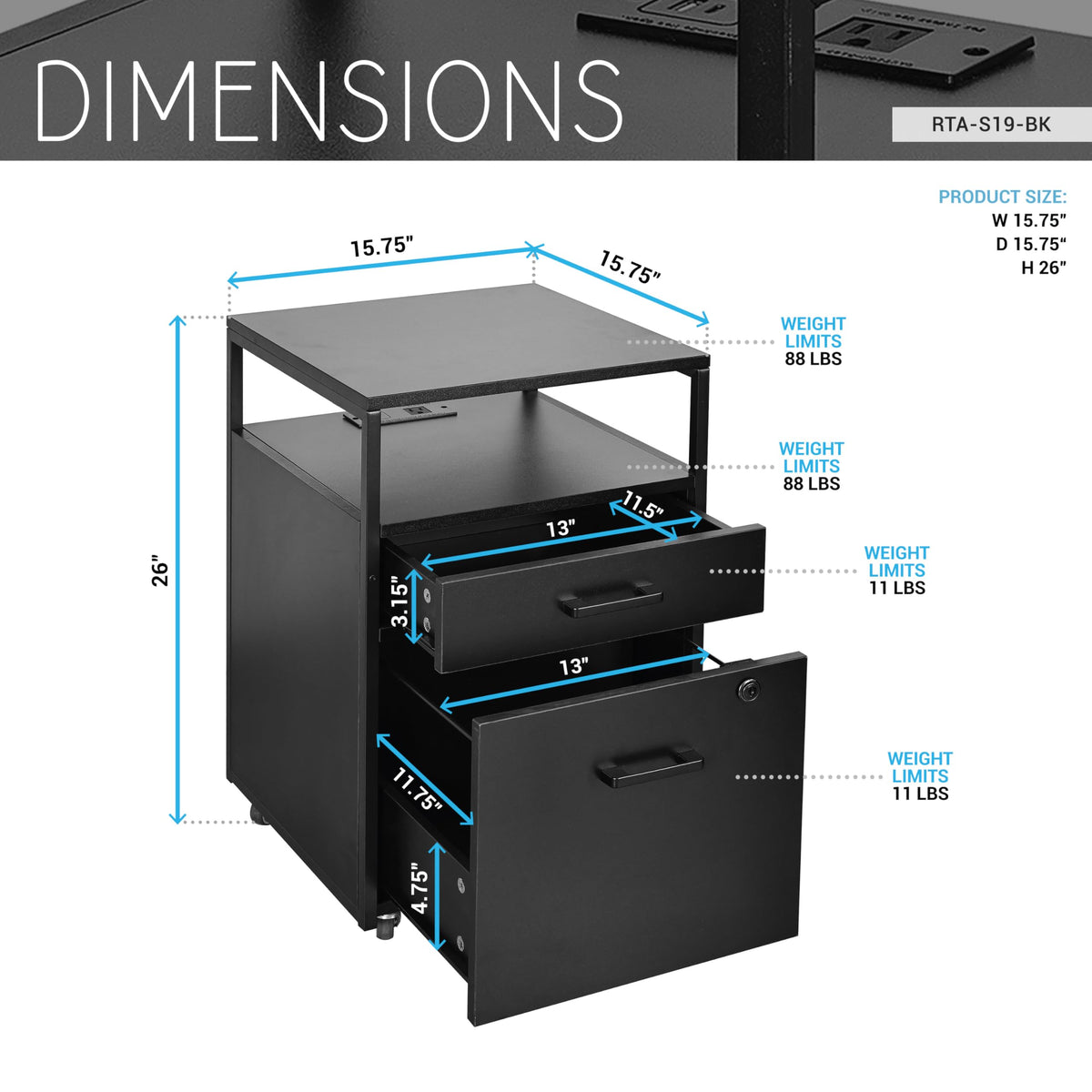 2-Drawer Rolling File Cabinet with Lock and USB Charging Ports