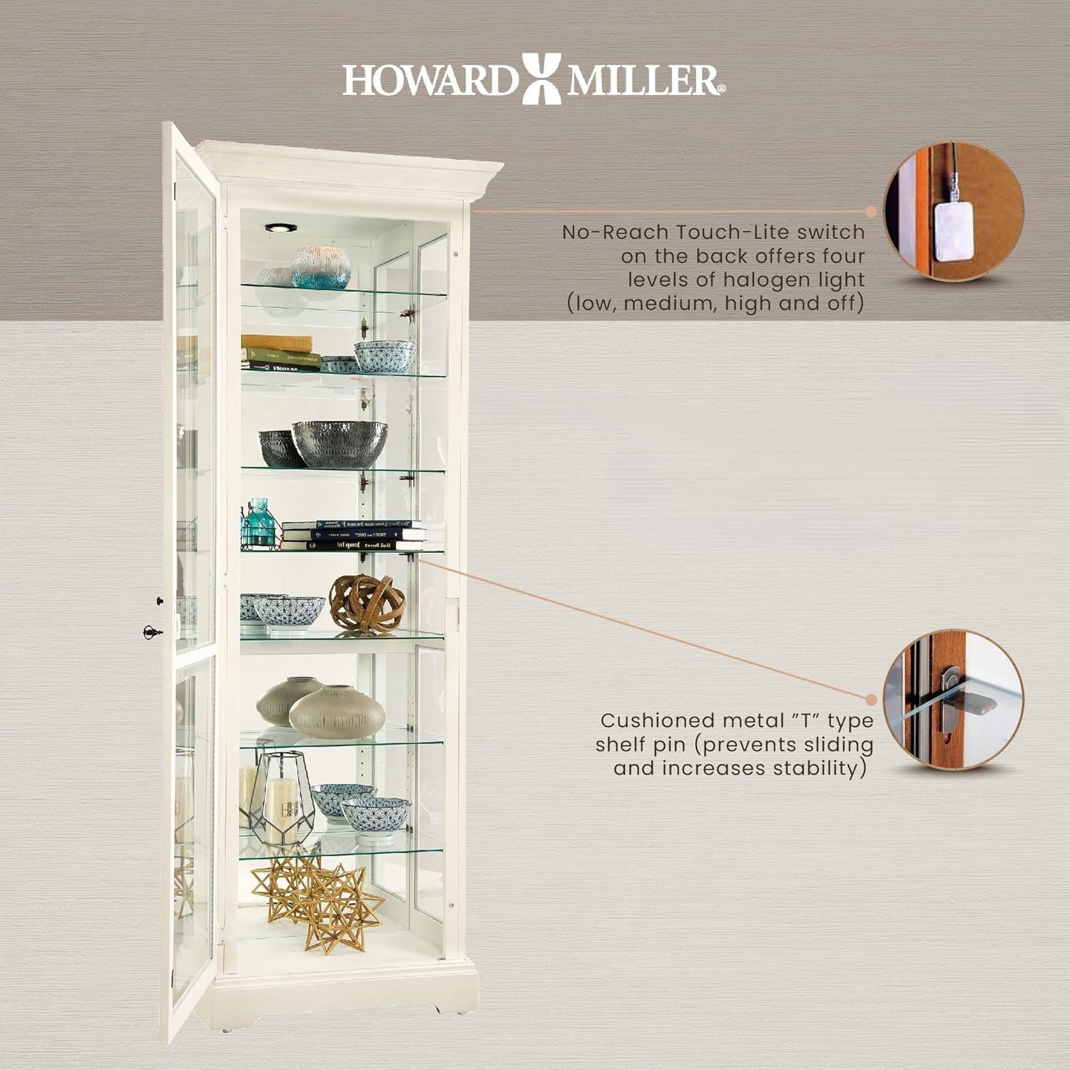 Chesterbrook V Curio Cabinet - Lighted White Display with Adjustable Glass Shelves