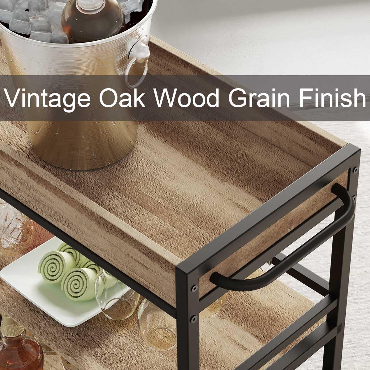 3-Tier Rolling Bar Cart with Storage