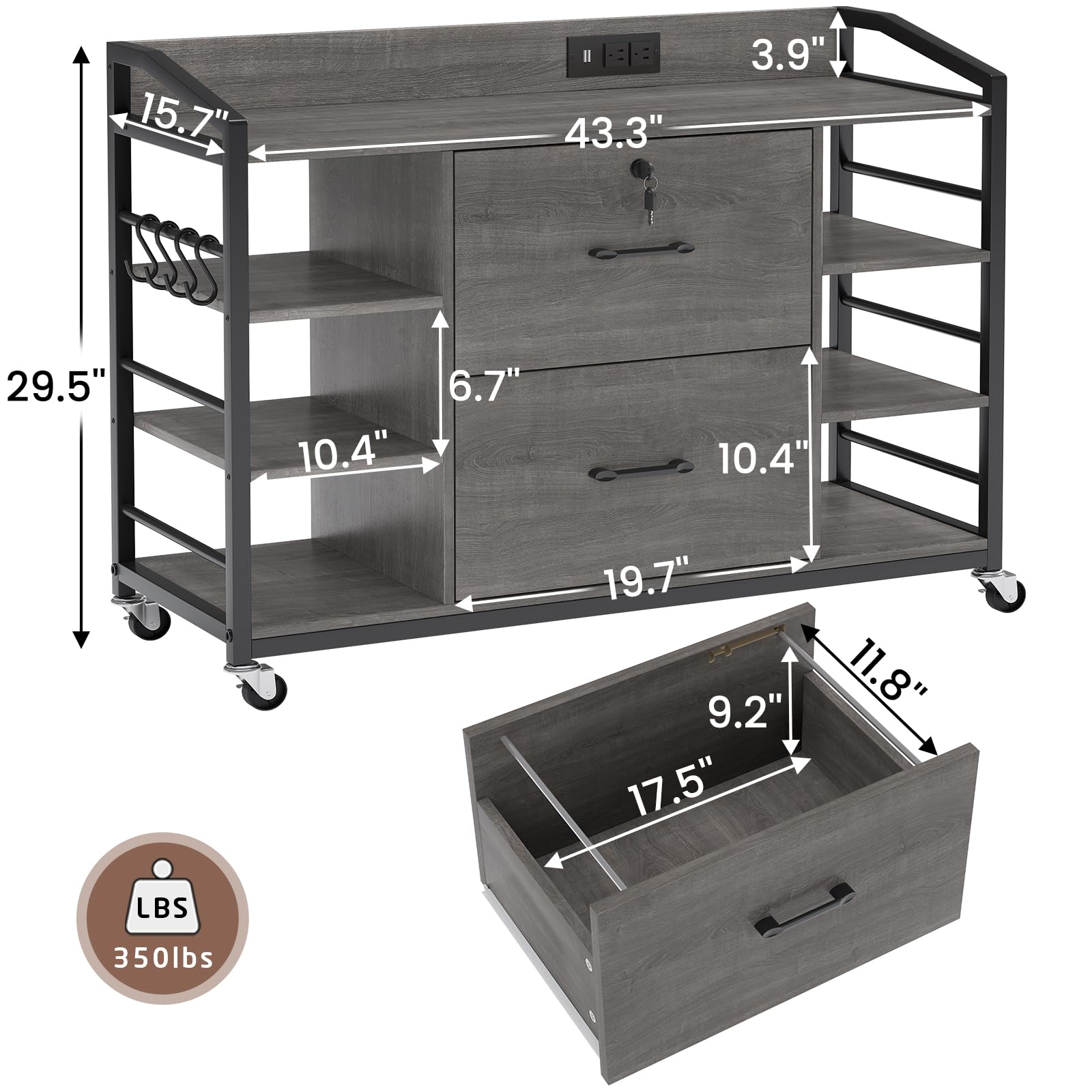 SEDETA 44" File Cabinet, Filing Cabinet fits Legal/Letter Size, 2 Drawer File Cabinets for Home Office with Lock, Power Strip, 6 Storage Shelves, Grey