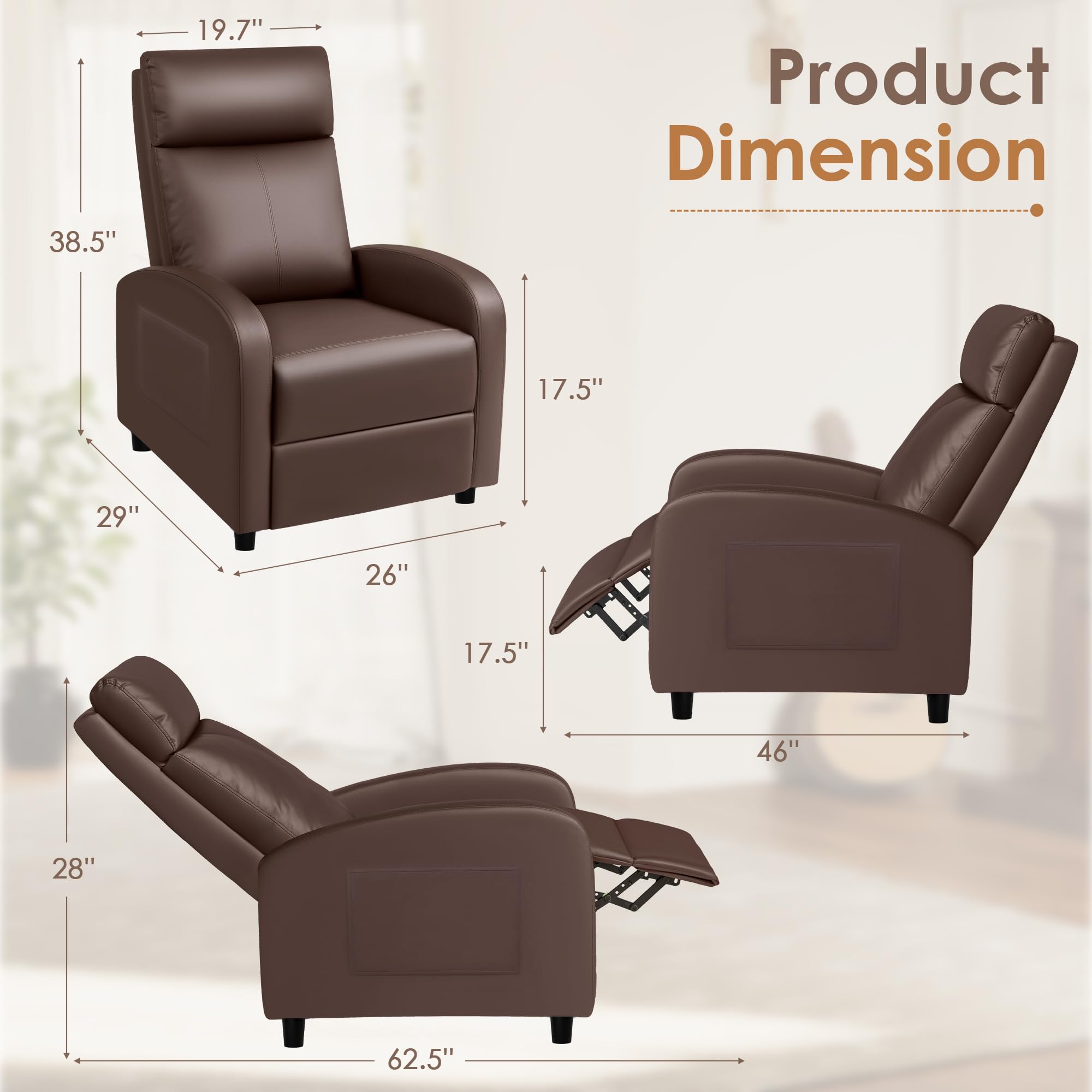 Rankok Recliner Chair Modern PU Leather Reclining Chair Ergonomic Adjustable Recliner for Living Room Home Theater Seating Single Sofa (Brown)