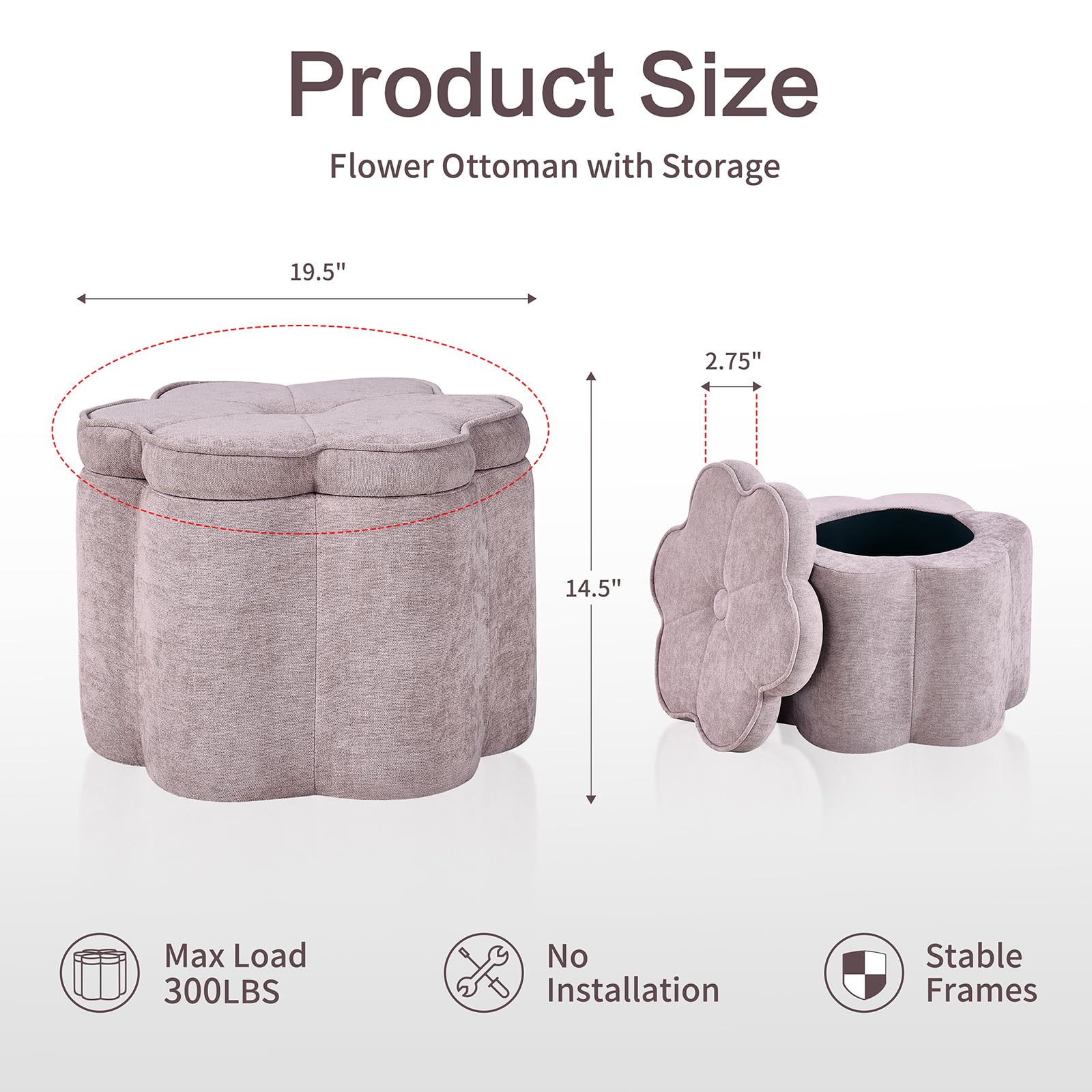Pink Flower Storage Ottoman with Chenille Fabric