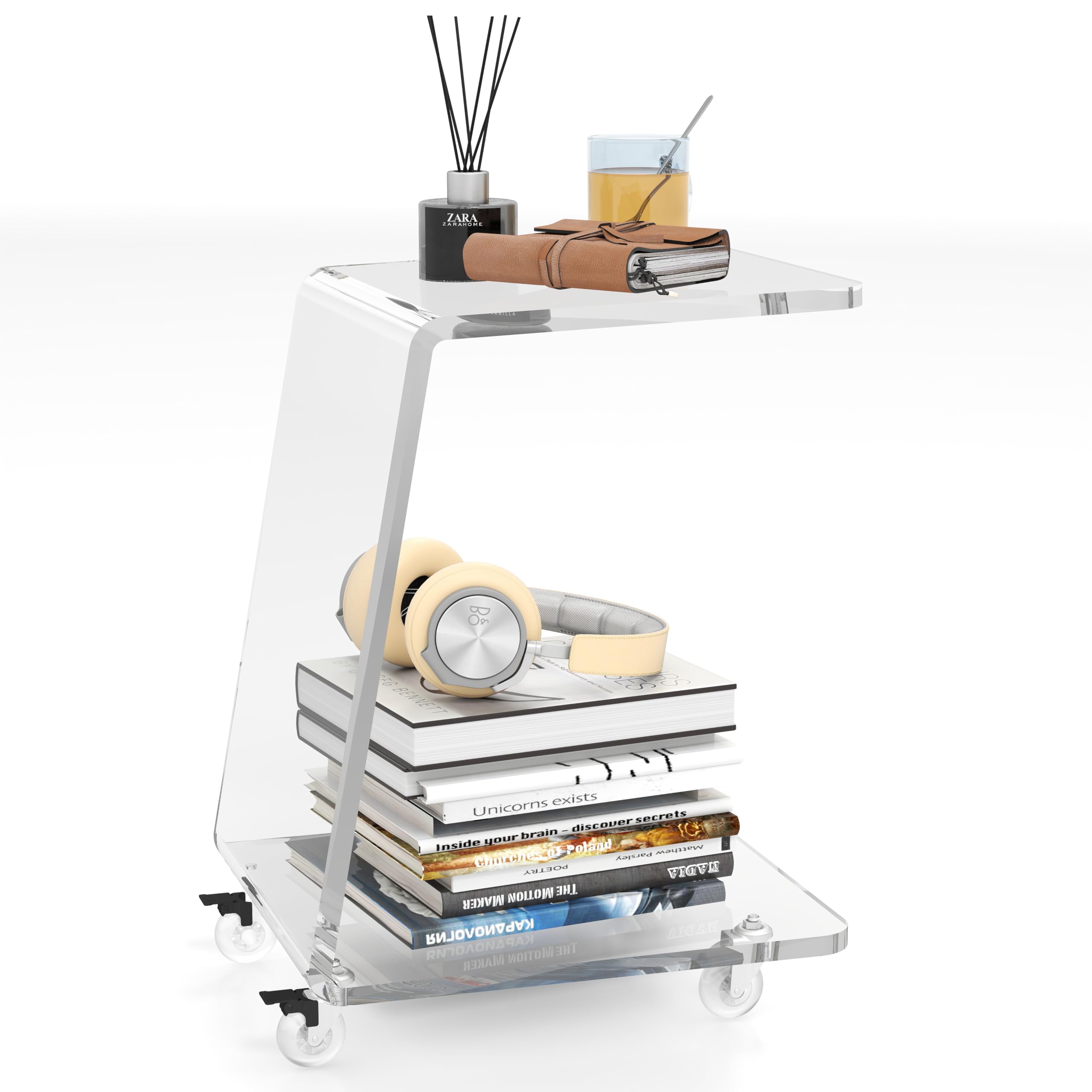 Acrylic C-Shaped Side Table with Wheels