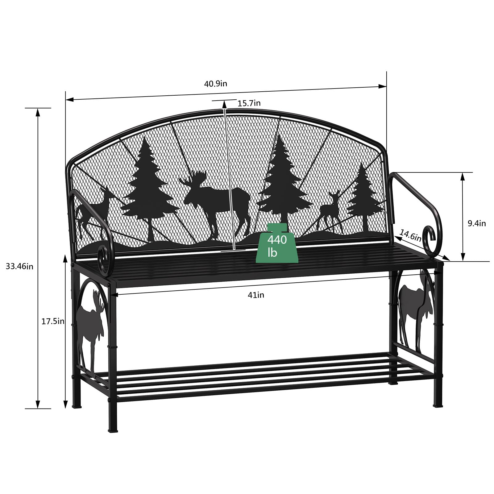 Metal Outdoor Garden Bench with Forest Pattern Backrest