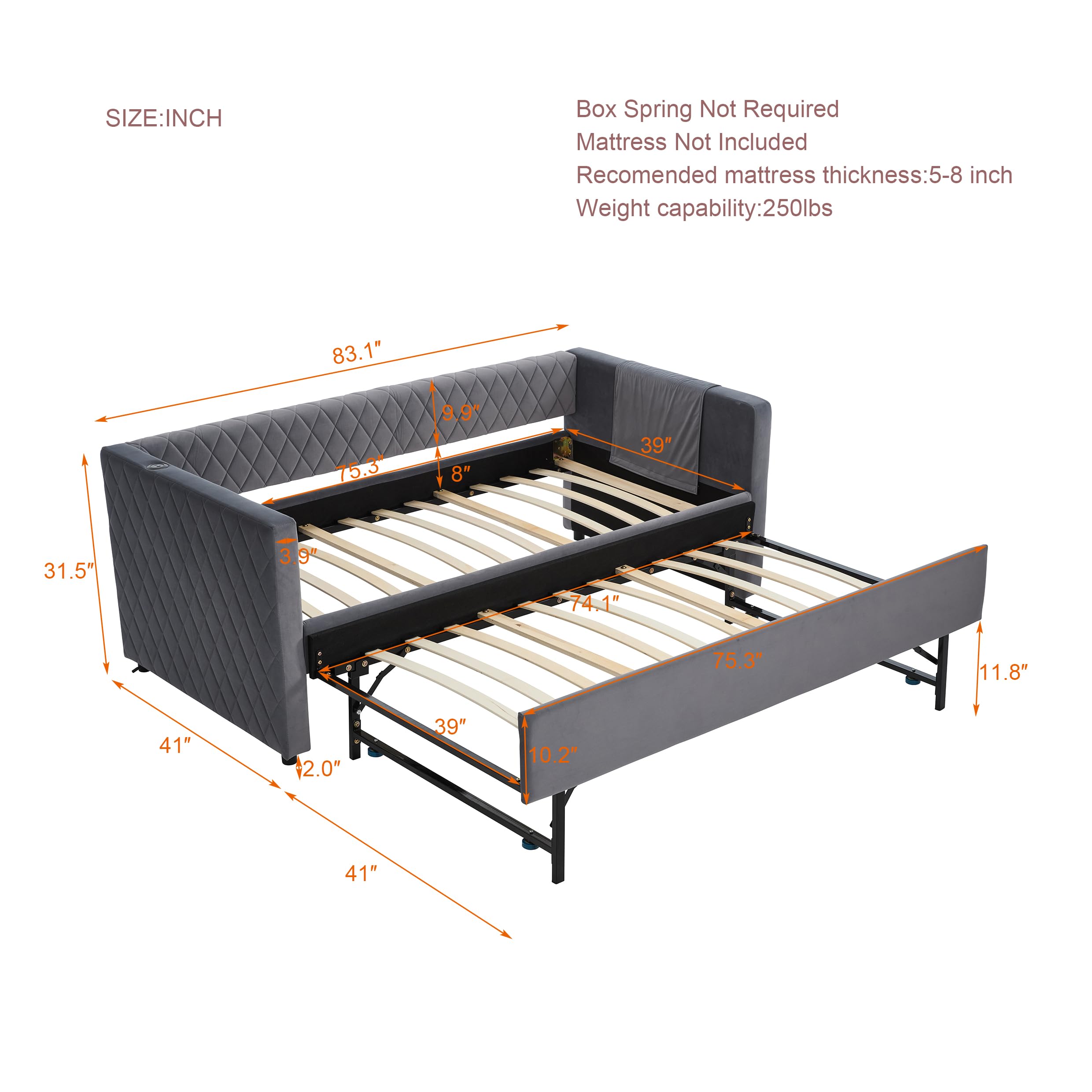 Twin Size Upholstered Daybed with Trundle and Charging Station