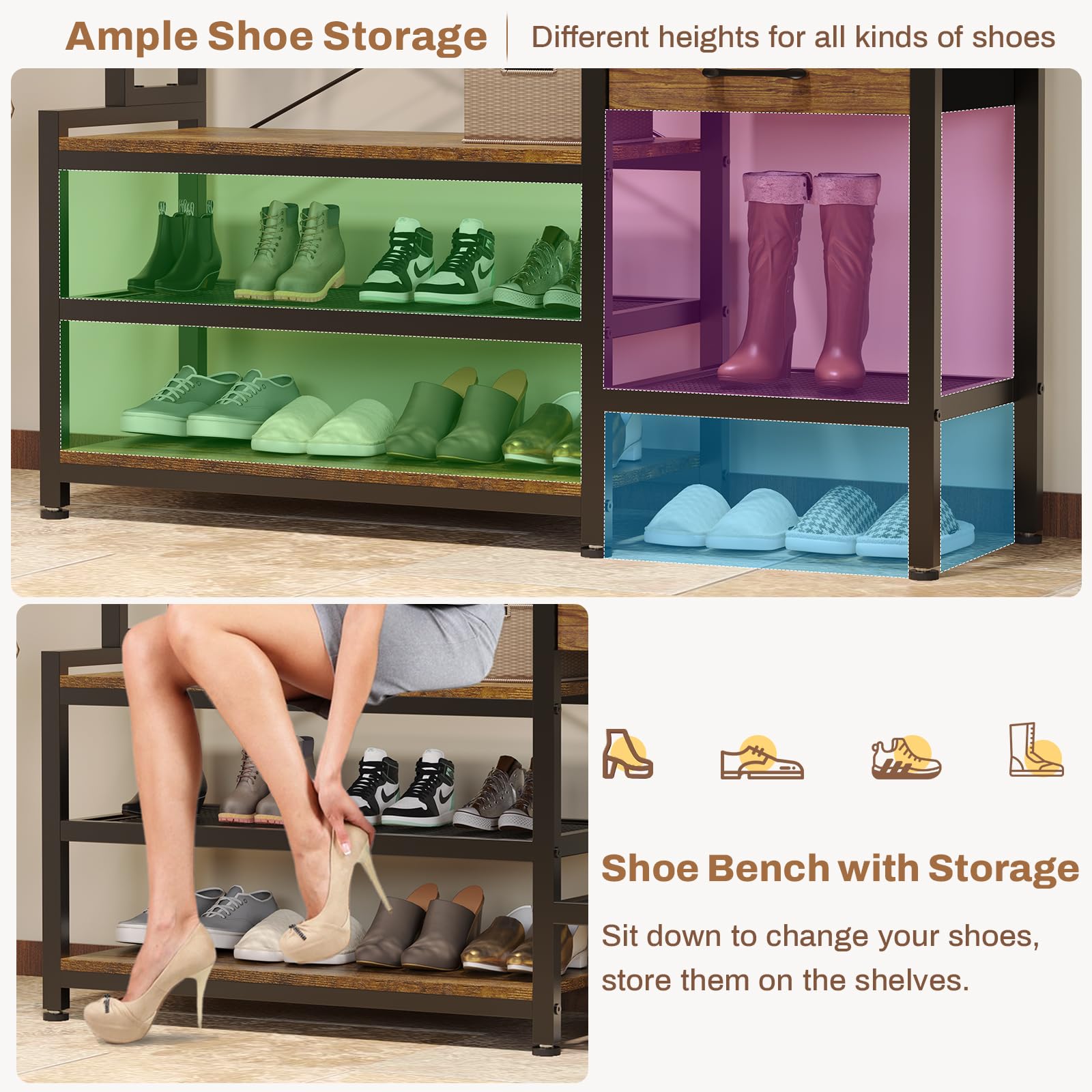 7-in-1 Hall Tree with Bench and Shoe Storage