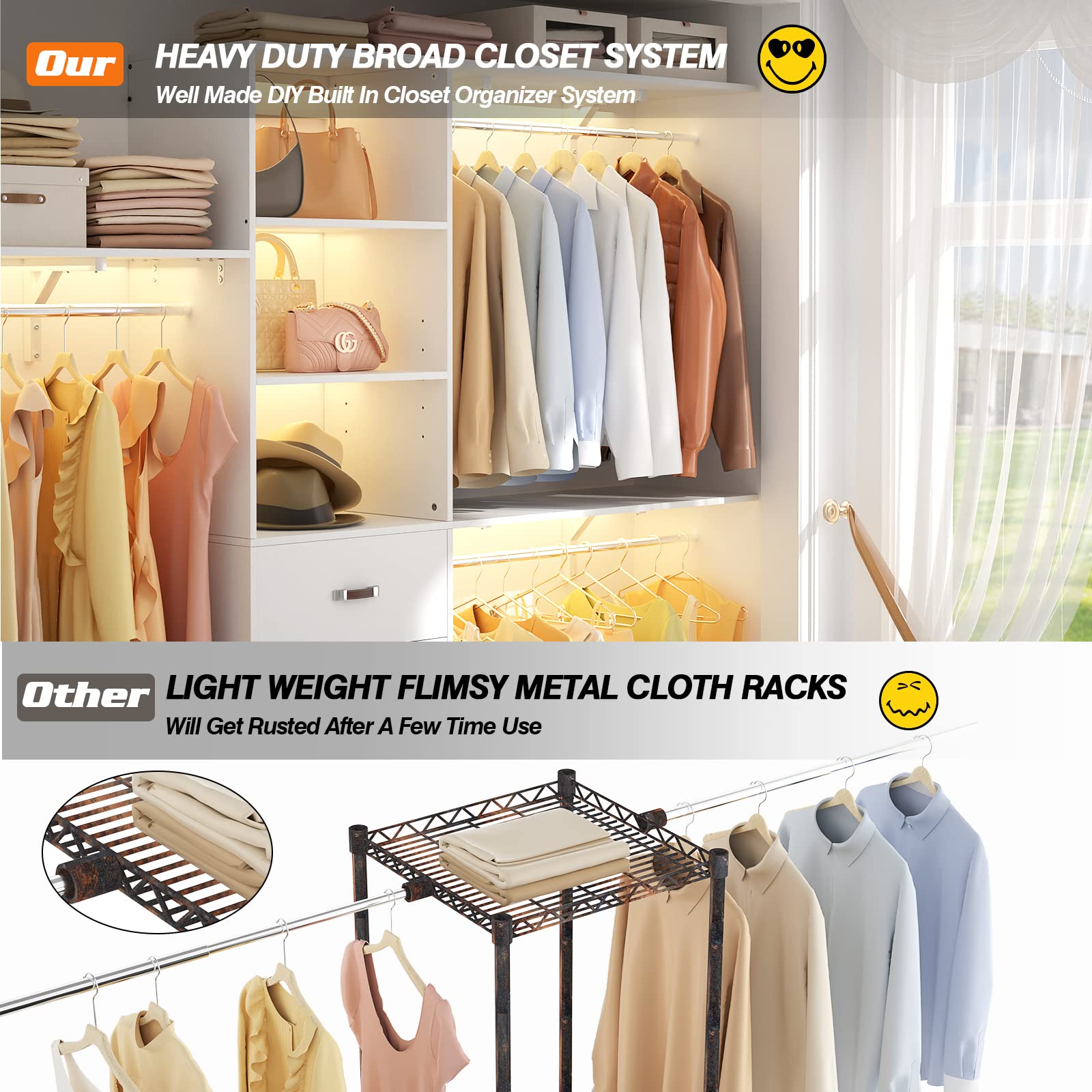8FT Wall Mount Closet Organizer System with 3 Hanging Rods and Drawers