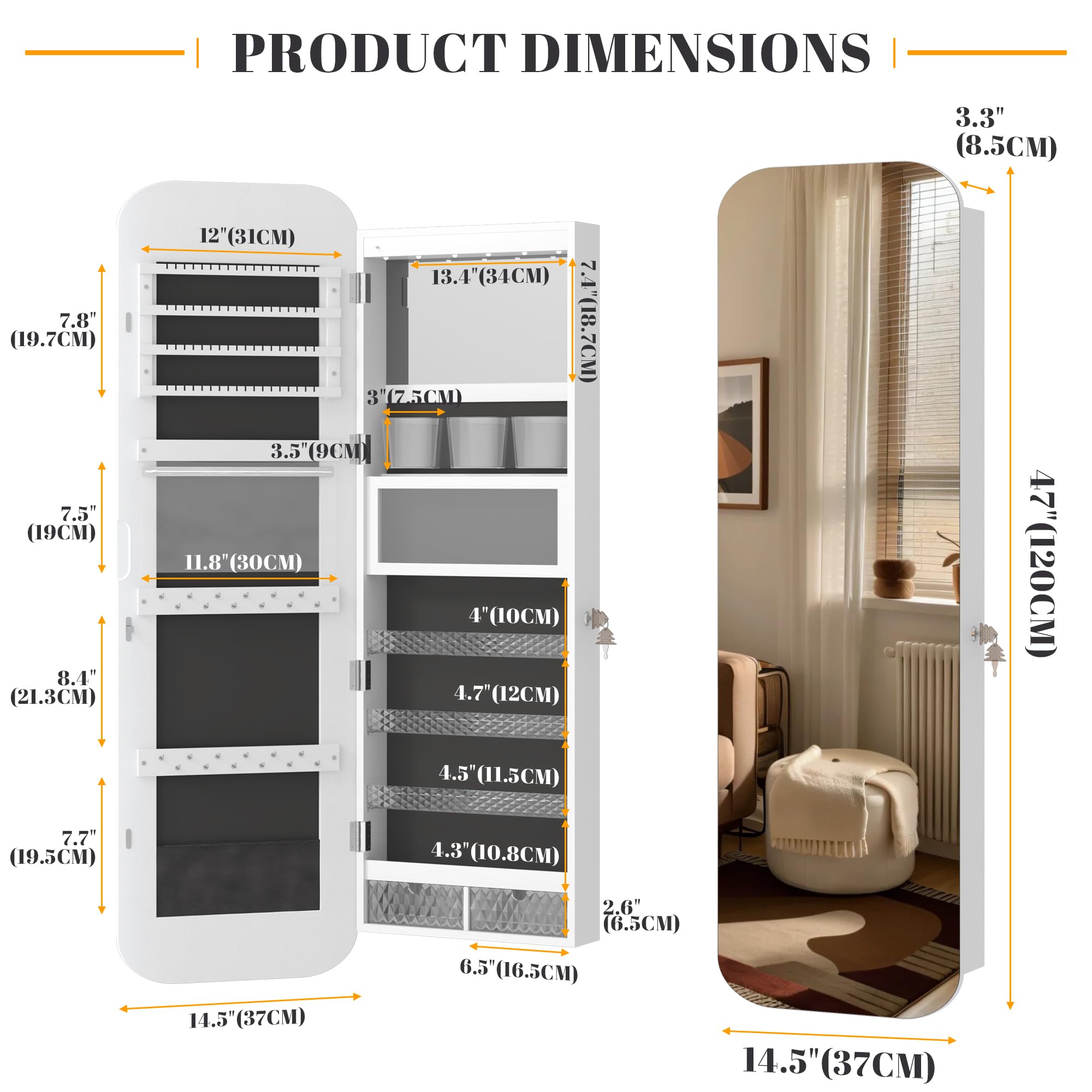 47.2" LED Mirror Jewelry Cabinet Wall Mounted