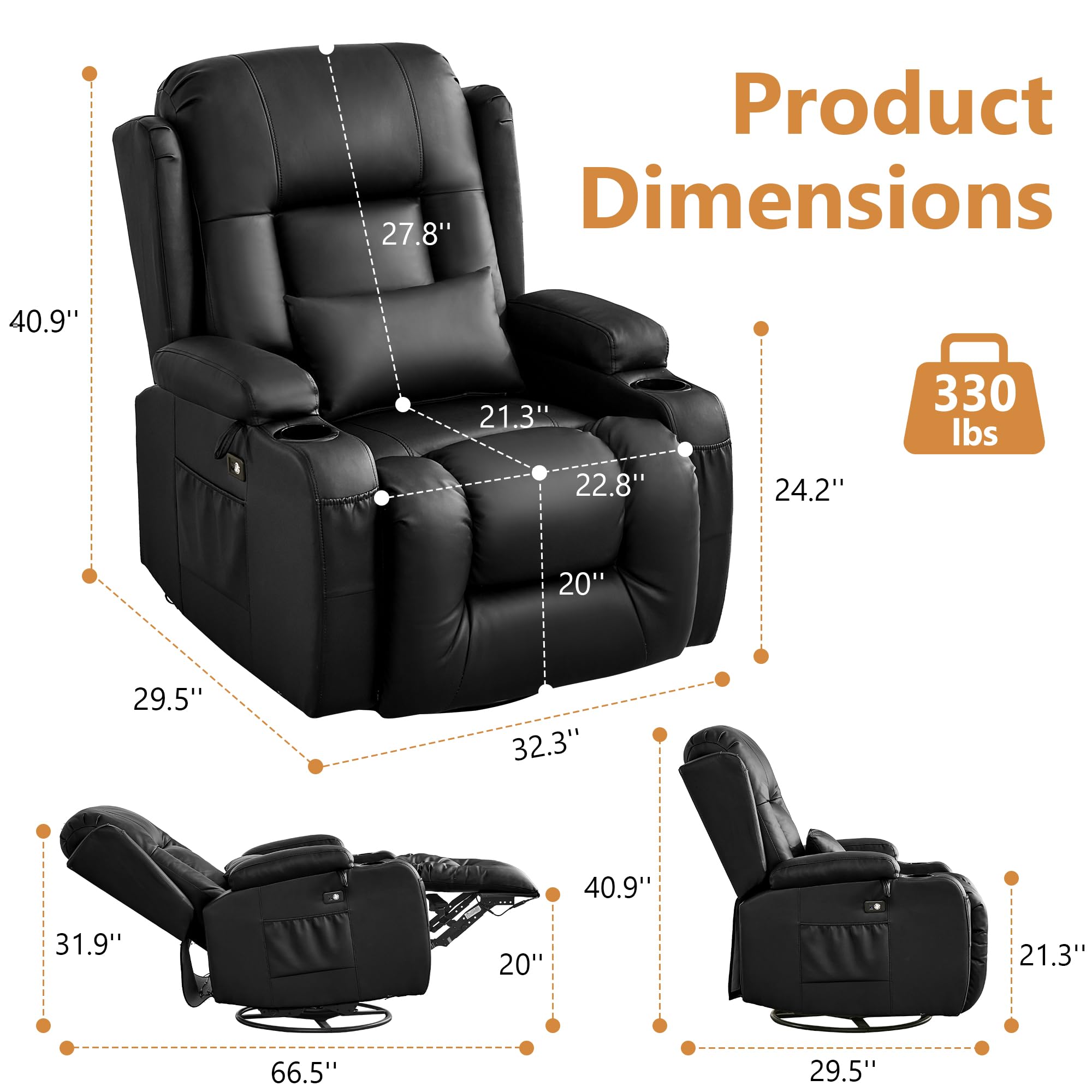 URRED Rocker Recliner Chair for Adults, 270° Swivel Glider Reclining Single Sofa with LED Ambient Light, Cup Holders and Side Pockets, Faux Leather Recliner for Living Room or Home Theater, Black