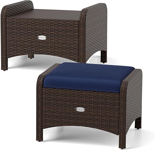 2-Piece Patio Wicker Ottoman Set with Removable Cushions