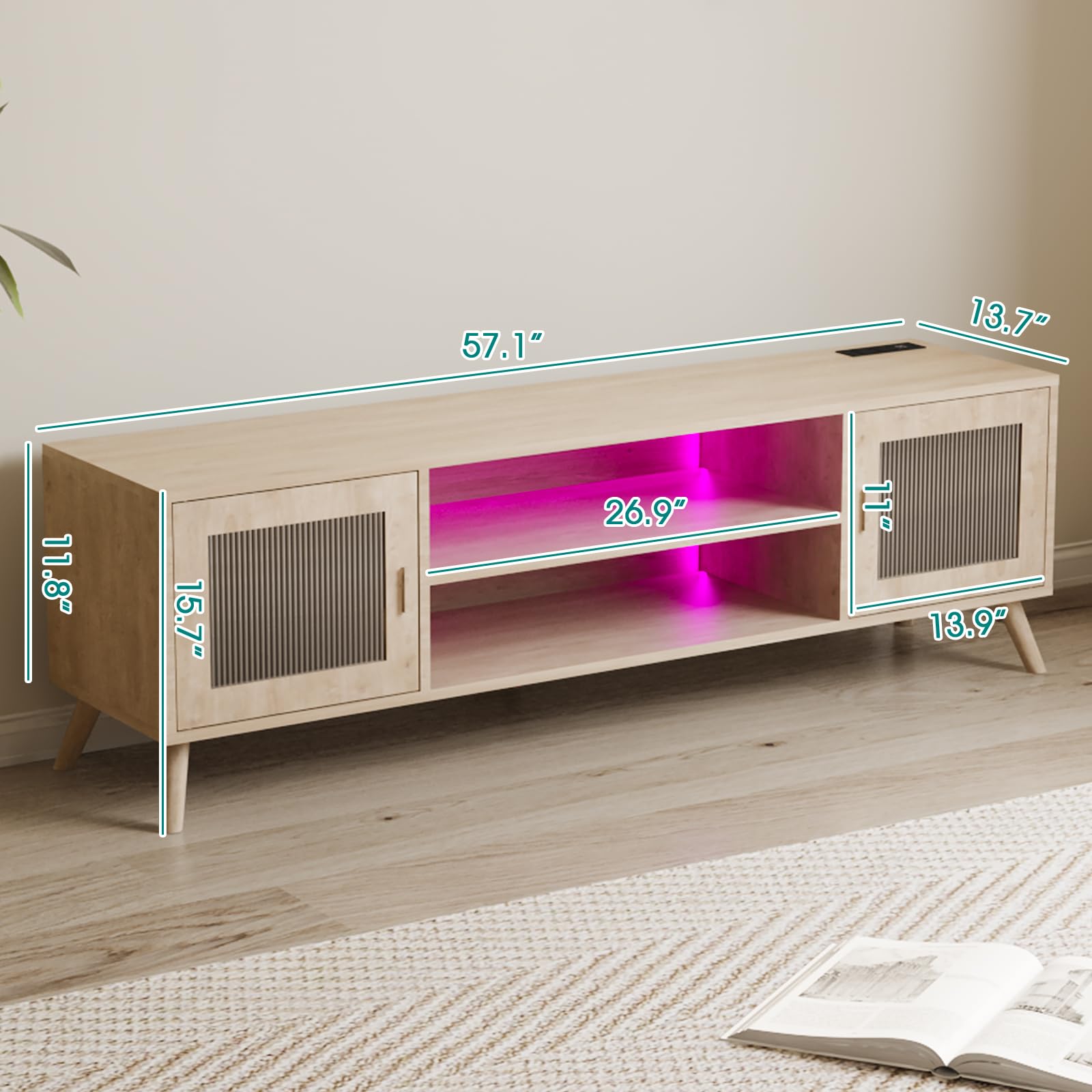 LED TV Stand with Charging Station and Glass Doors
