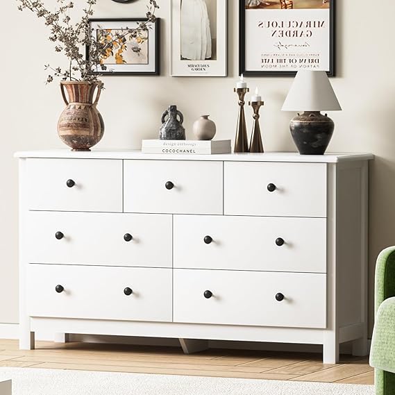 White 6 Drawer Dresser with Black Knobs