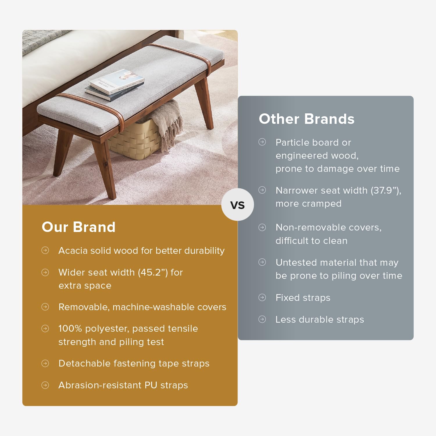 Mid-Century Modern Wood Bench with Removable Cushion