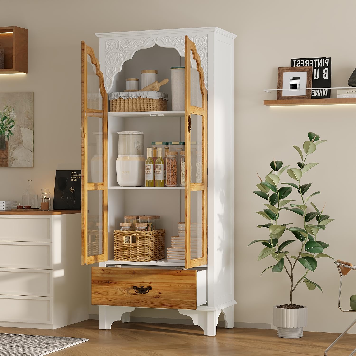 70.9" Kitchen Pantry Cabinet with Glass Doors and Drawer