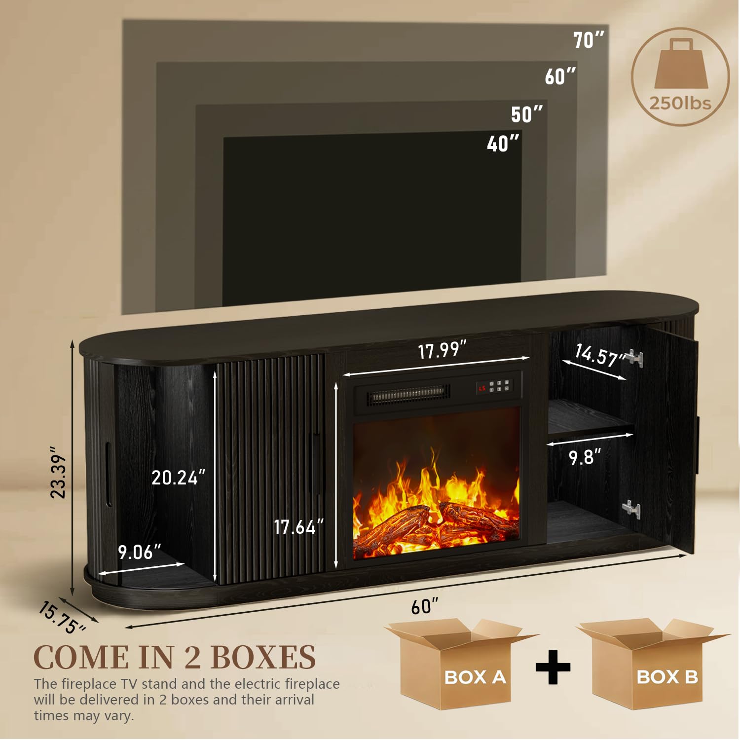 70" Fluted Fireplace TV Stand with Electric Fireplace