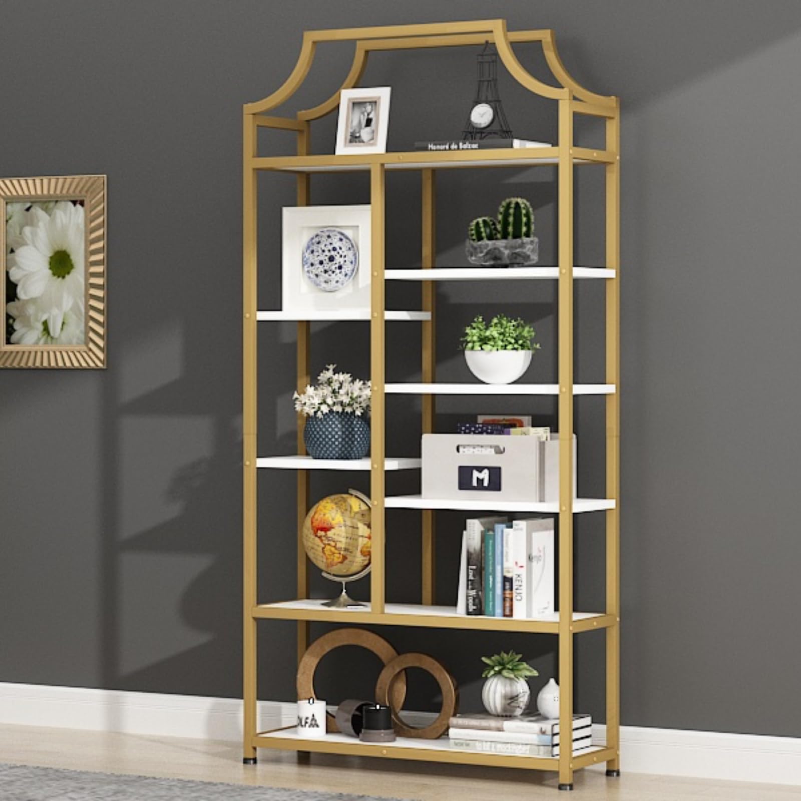 8-Tier Open Shelf Bookcase with Gold Metal Frame