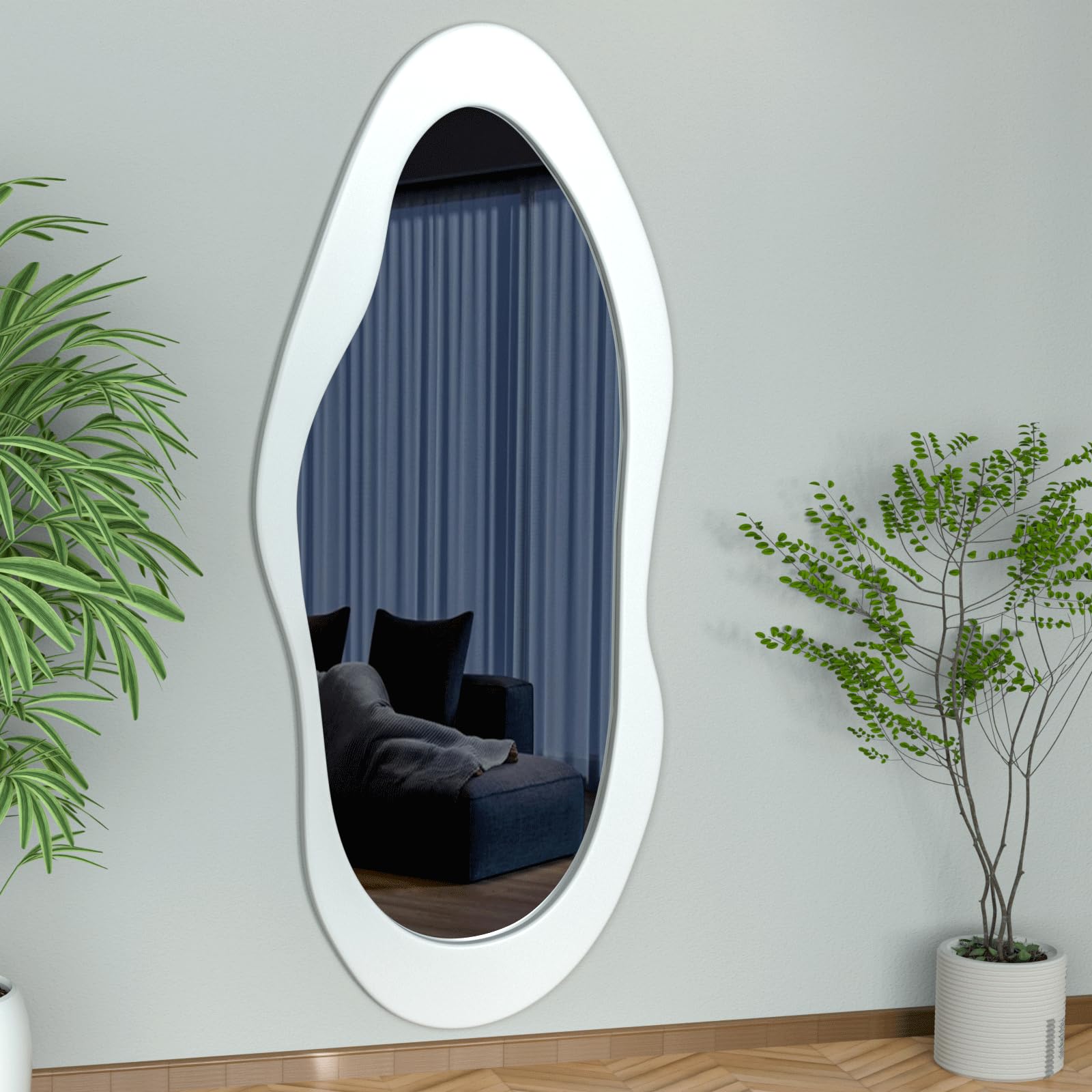 Irregular Wavy Full Length Mirror White Wooden Frame