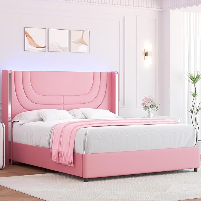 Queen Bed Frame with LED Lights and Faux Leather Upholstered Headboard