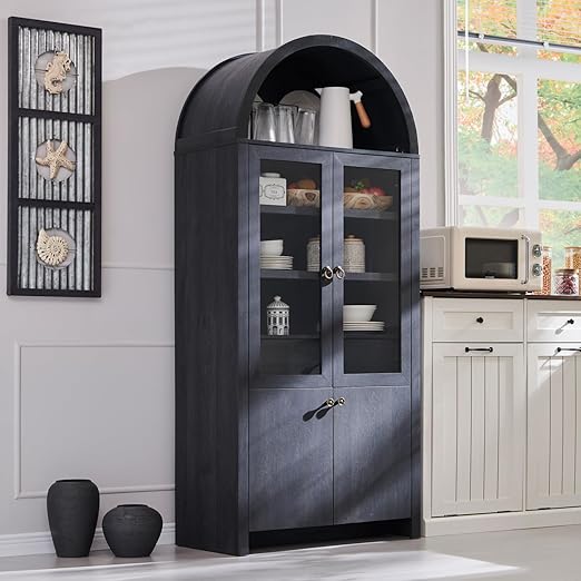 Arched Kitchen Pantry Cabinet with Glass Doors