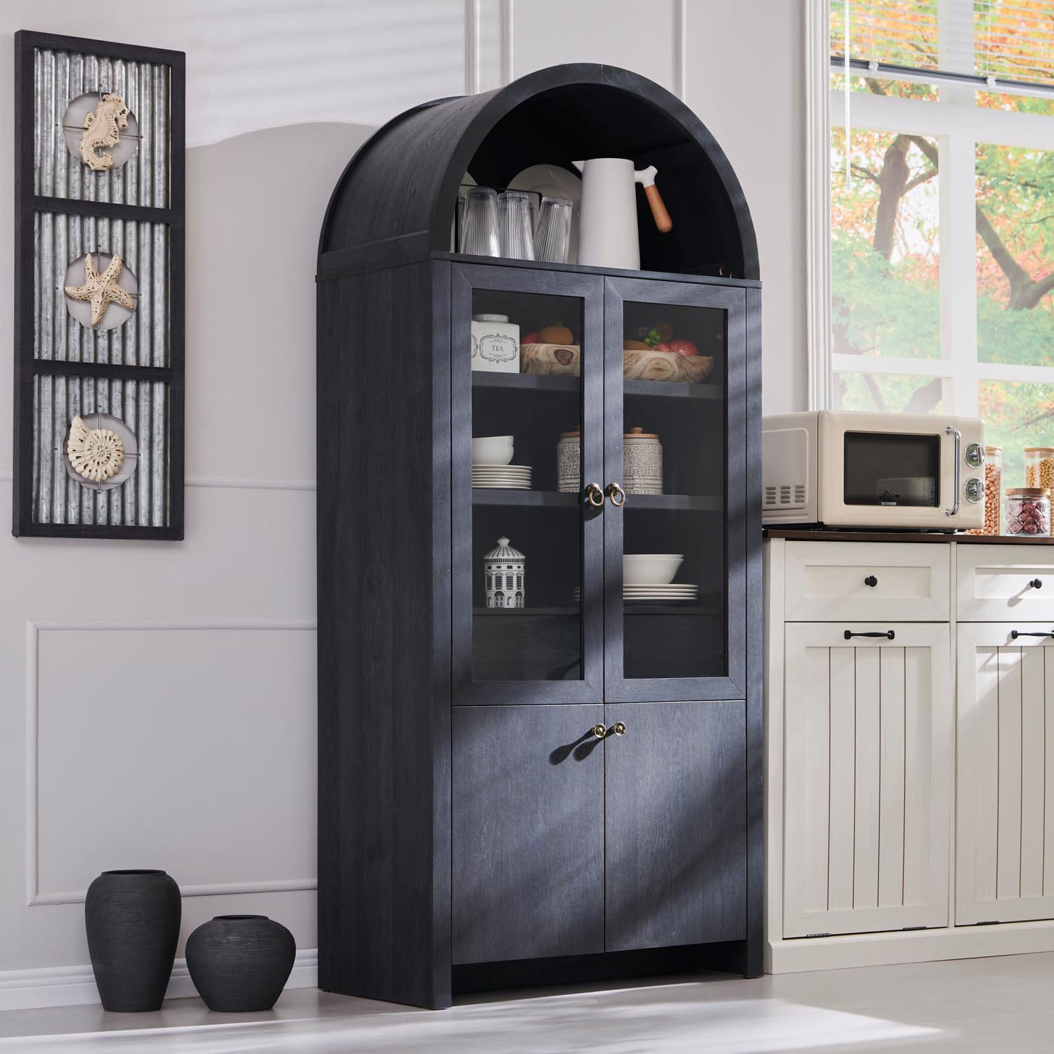 Arched Kitchen Pantry Cabinet with Glass Doors