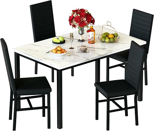 5-Piece Faux Marble Dining Table Set with 4 Upholstered Chairs