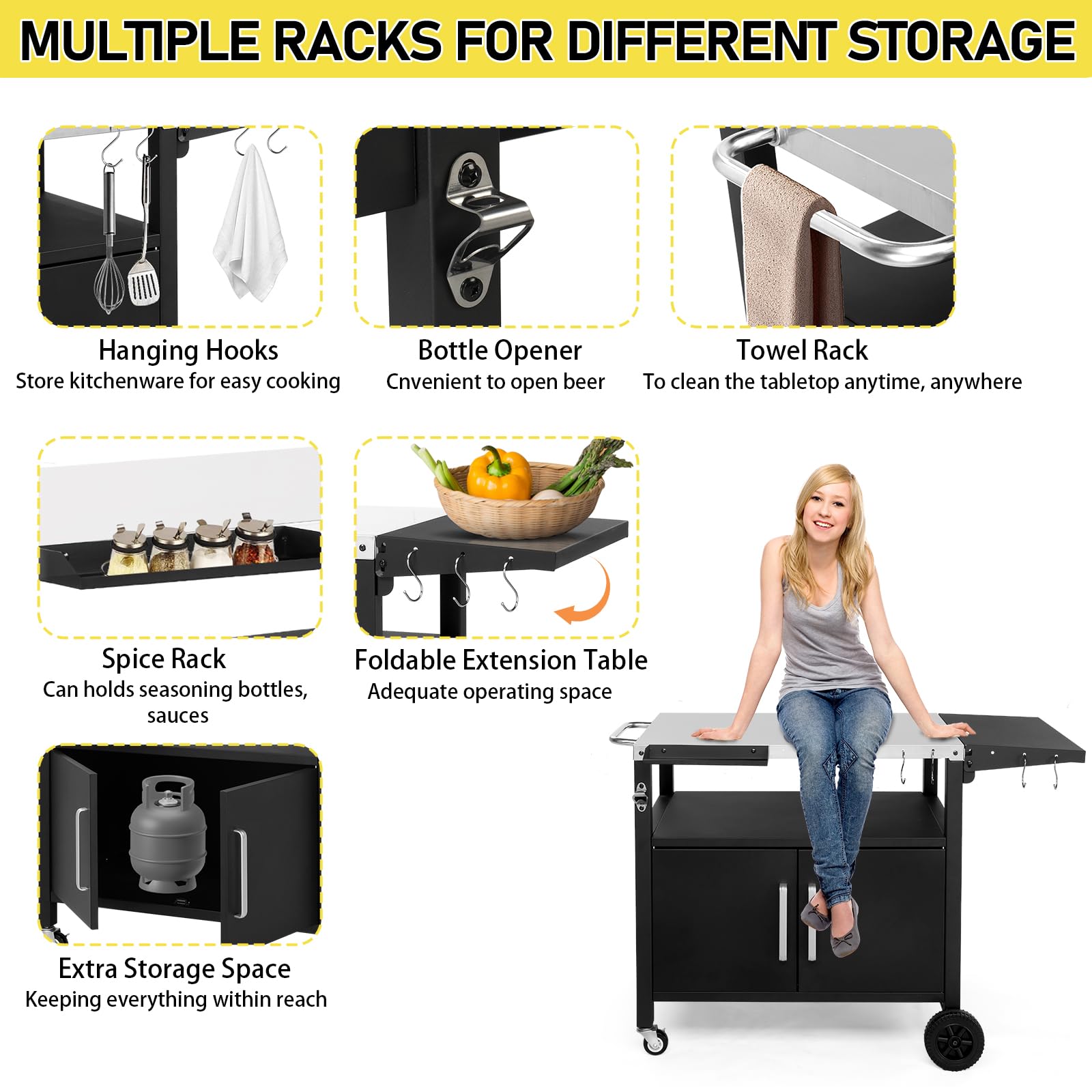 Outdoor Grill Cart with Storage and Foldable Top
